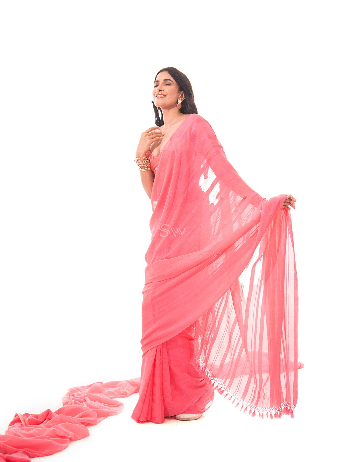 Coral Pink Stripe Satin Georgette Handloom Saree - Sacred Weaves