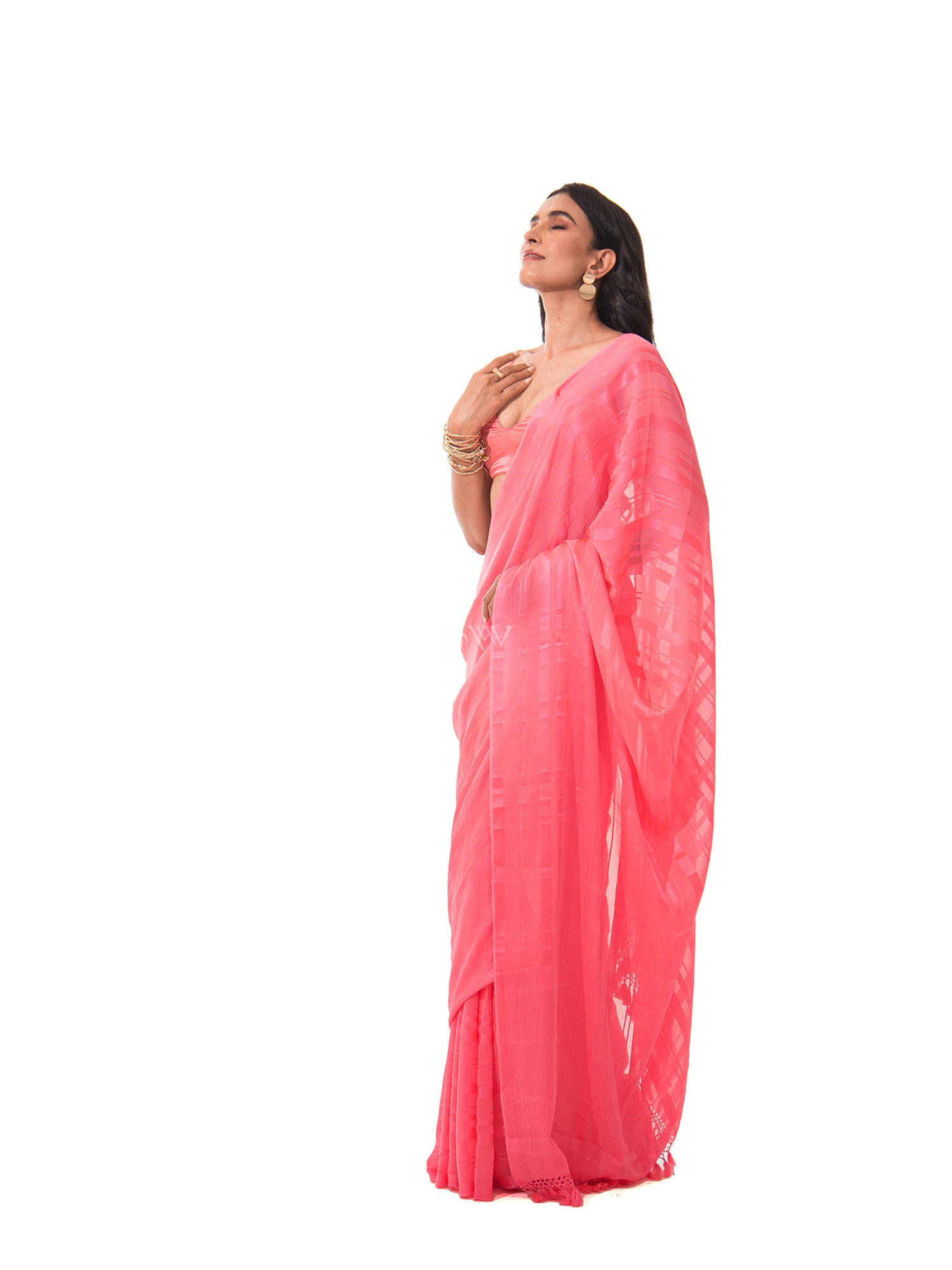 Coral Pink Stripe Satin Georgette Handloom Saree - Sacred Weaves