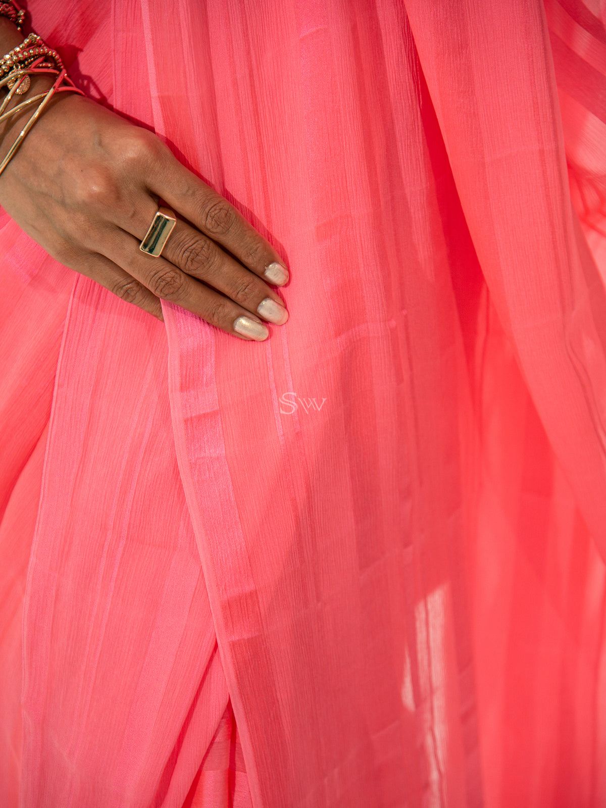 Coral Pink Stripe Satin Georgette Handloom Saree - Sacred Weaves