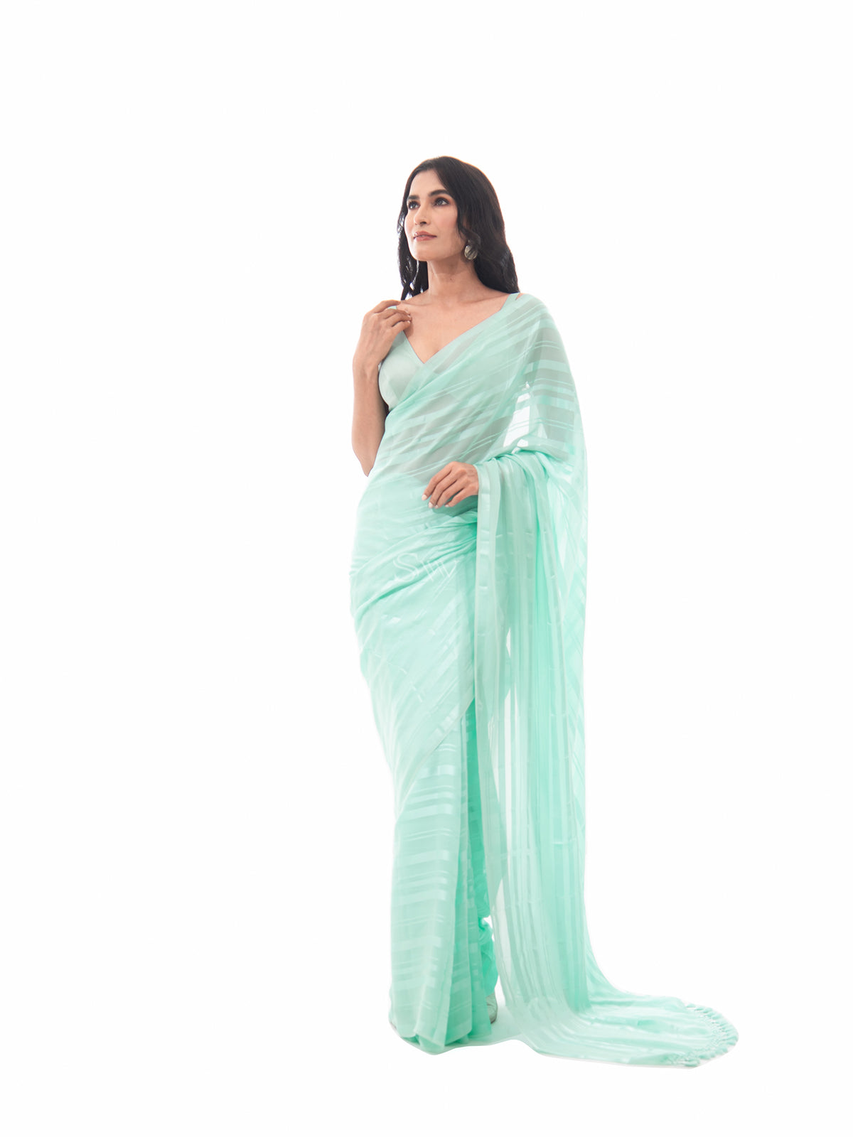 Sea Green Stripe Satin Georgette Handloom Saree - Sacred Weaves