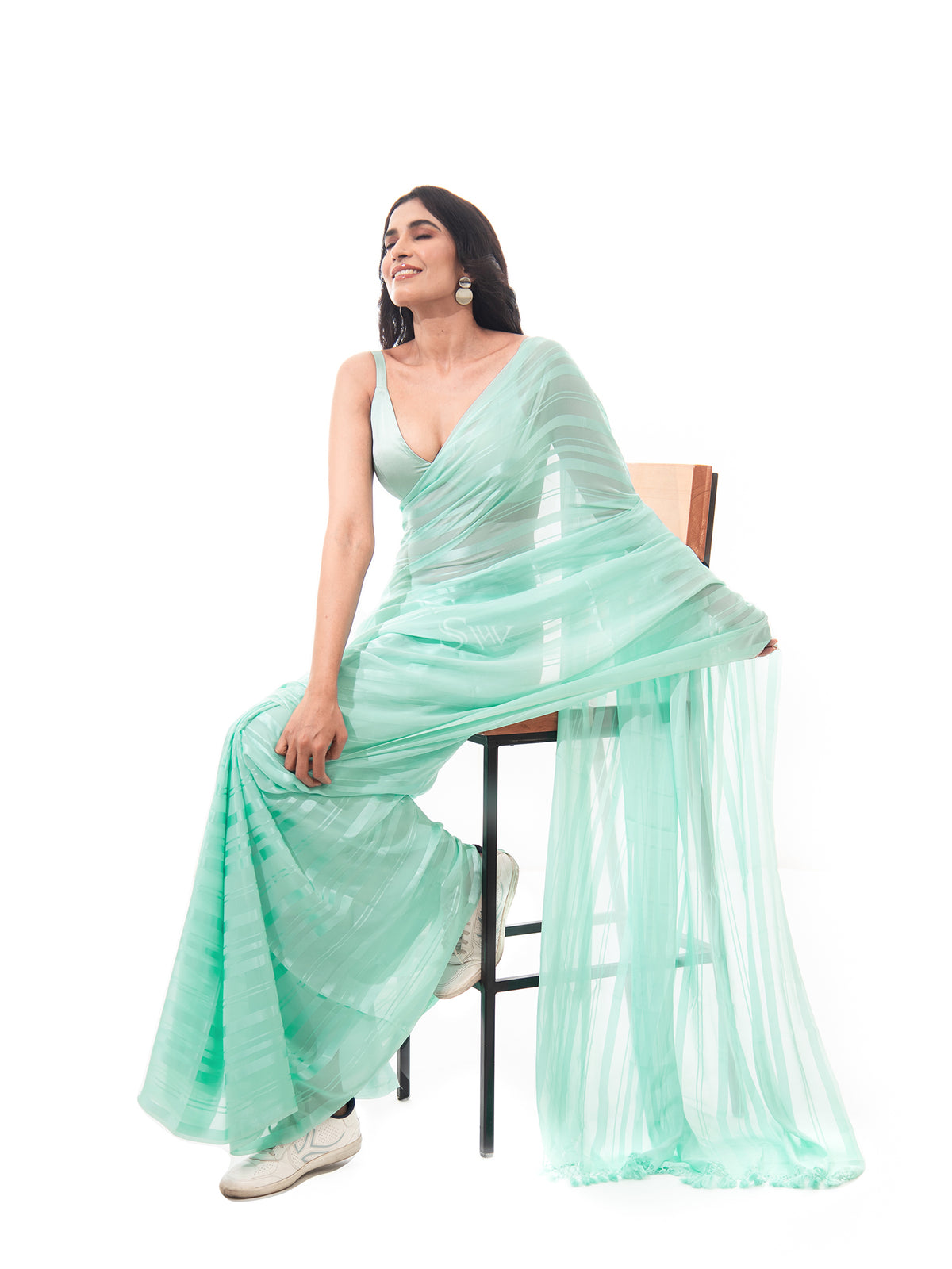 Sea Green Stripe Satin Georgette Handloom Saree - Sacred Weaves