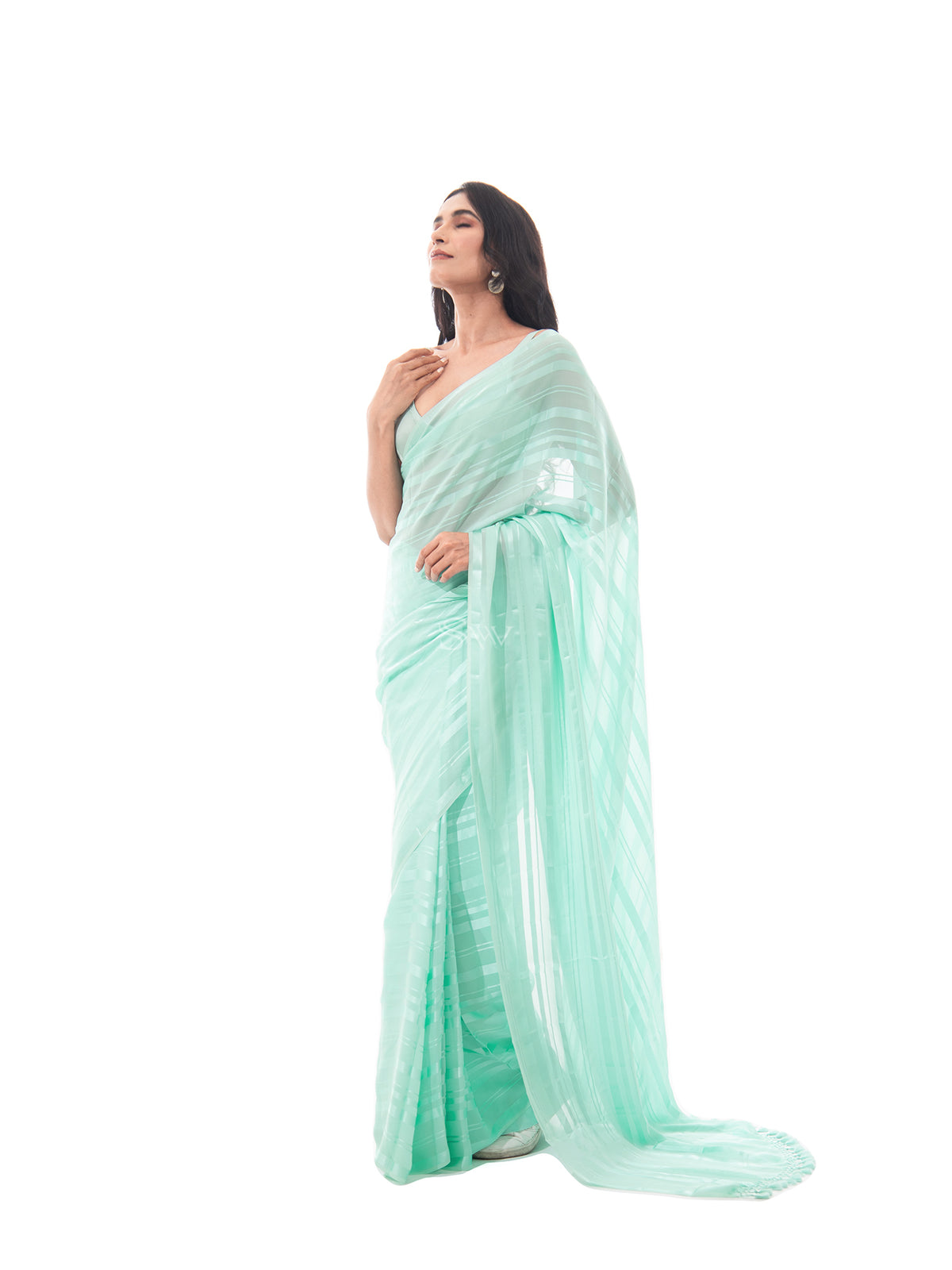 Sea Green Stripe Satin Georgette Handloom Saree - Sacred Weaves