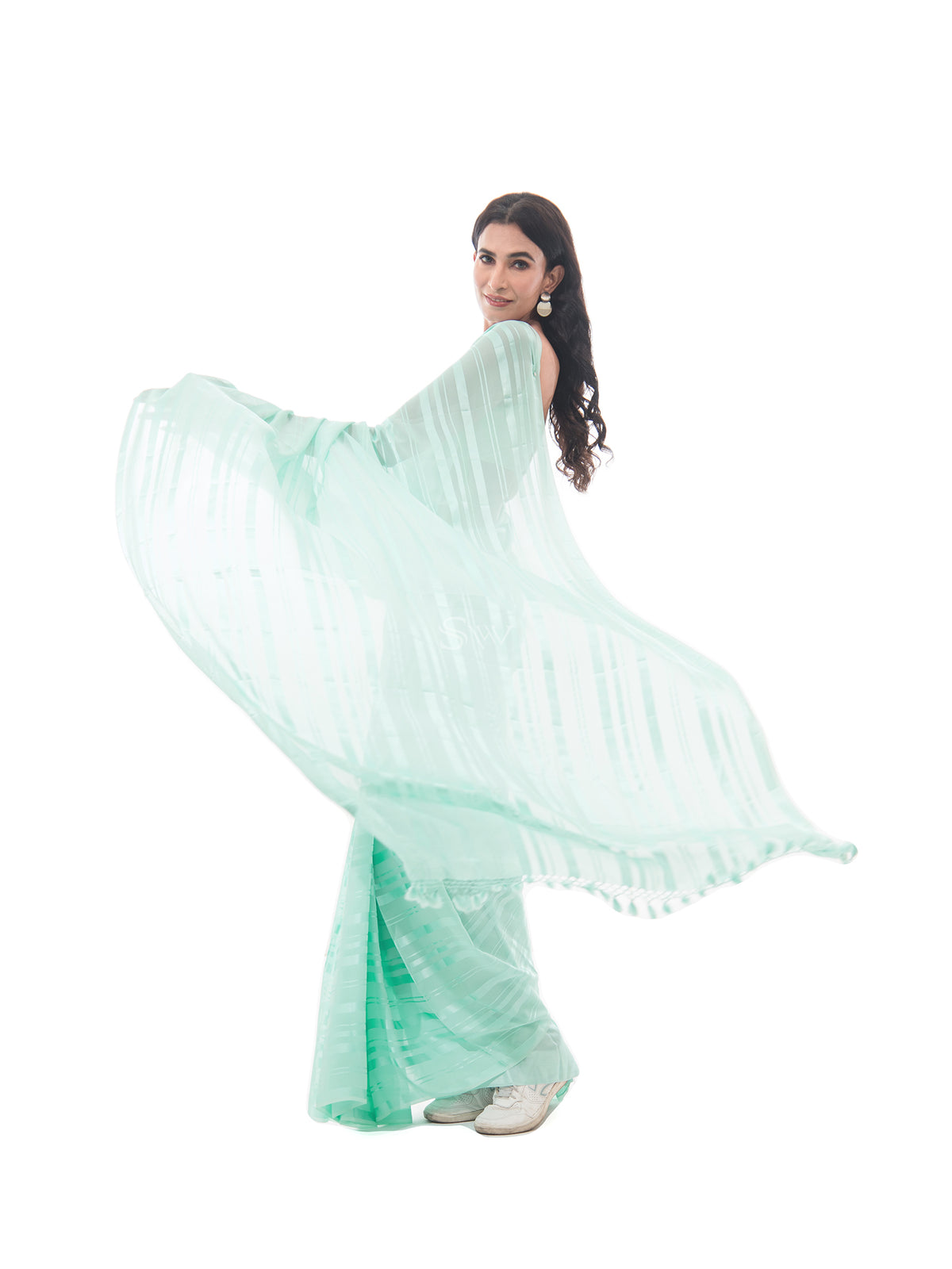 Sea Green Stripe Satin Georgette Handloom Saree - Sacred Weaves