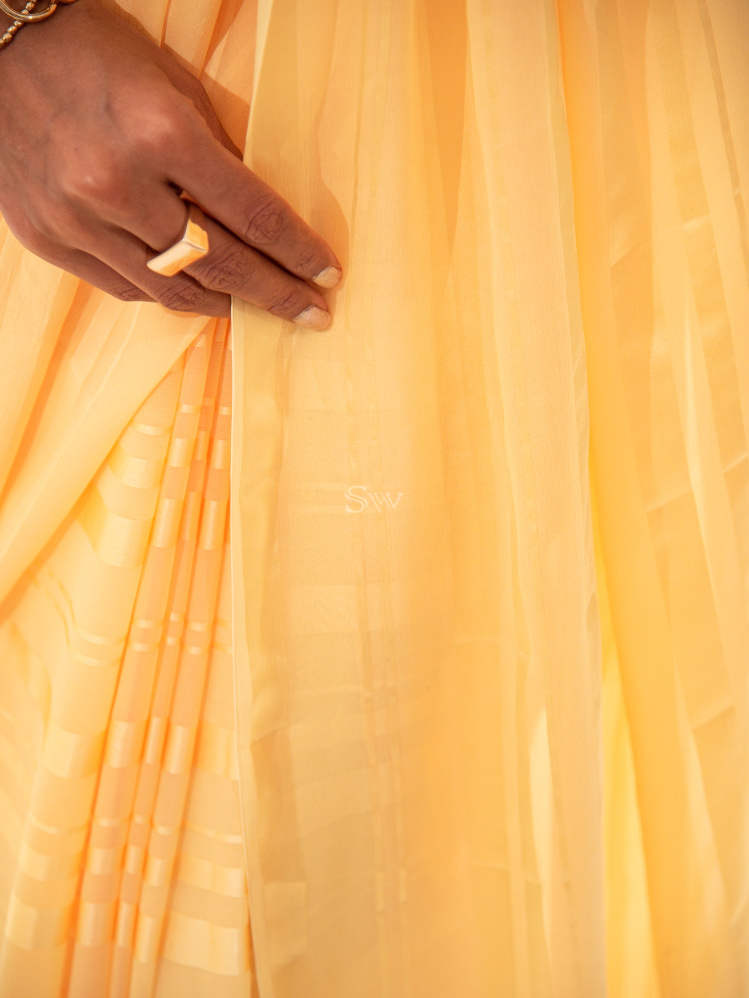 Yellow Stripe Satin Georgette Handloom Saree - Sacred Weaves