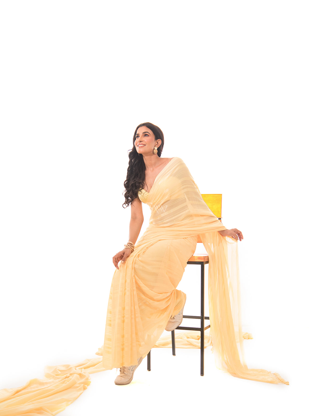 Yellow Stripe Satin Georgette Handloom Saree - Sacred Weaves