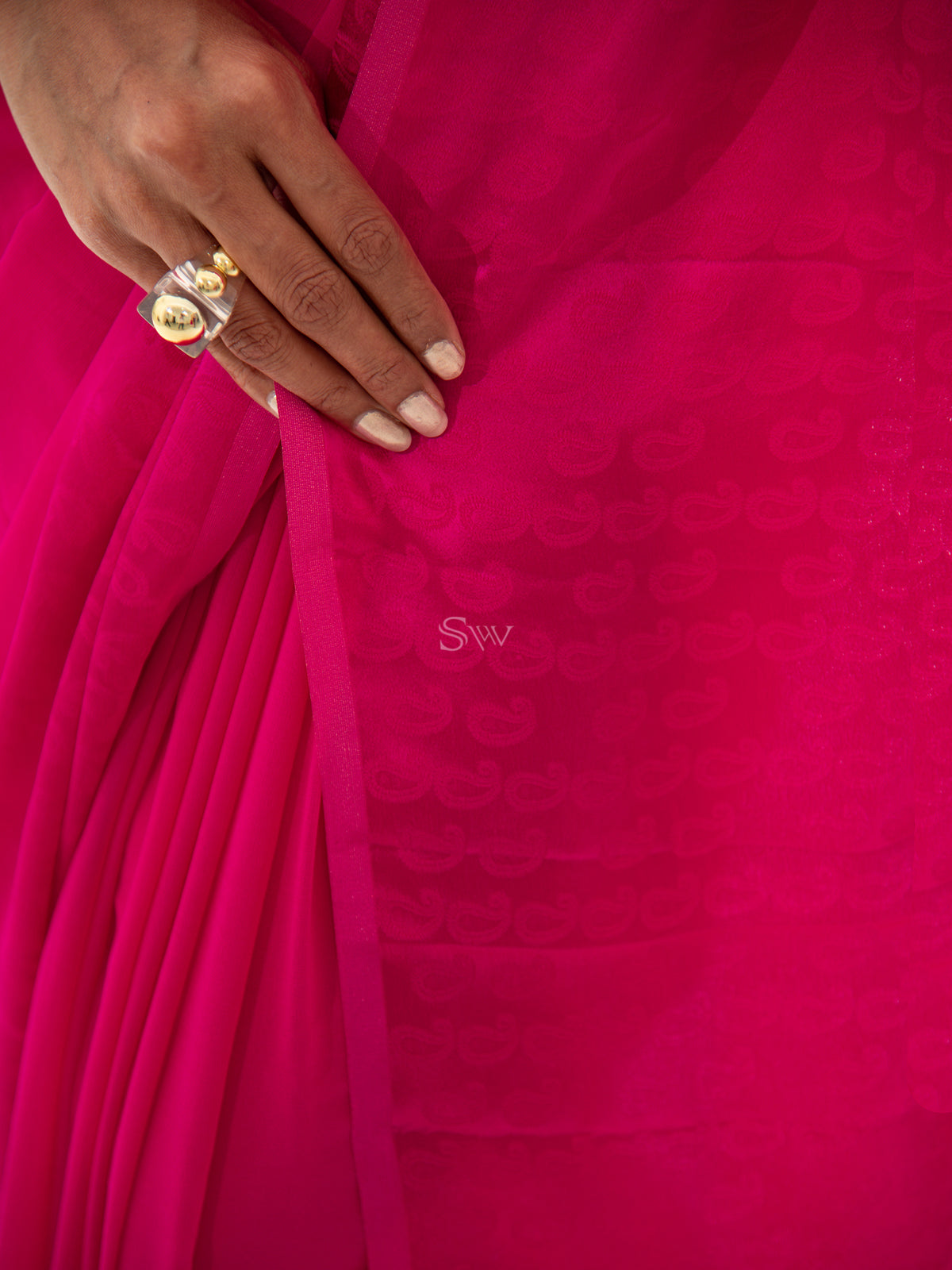 Dark Pink Plain Satin Georgette Handloom Saree - Sacred Weaves