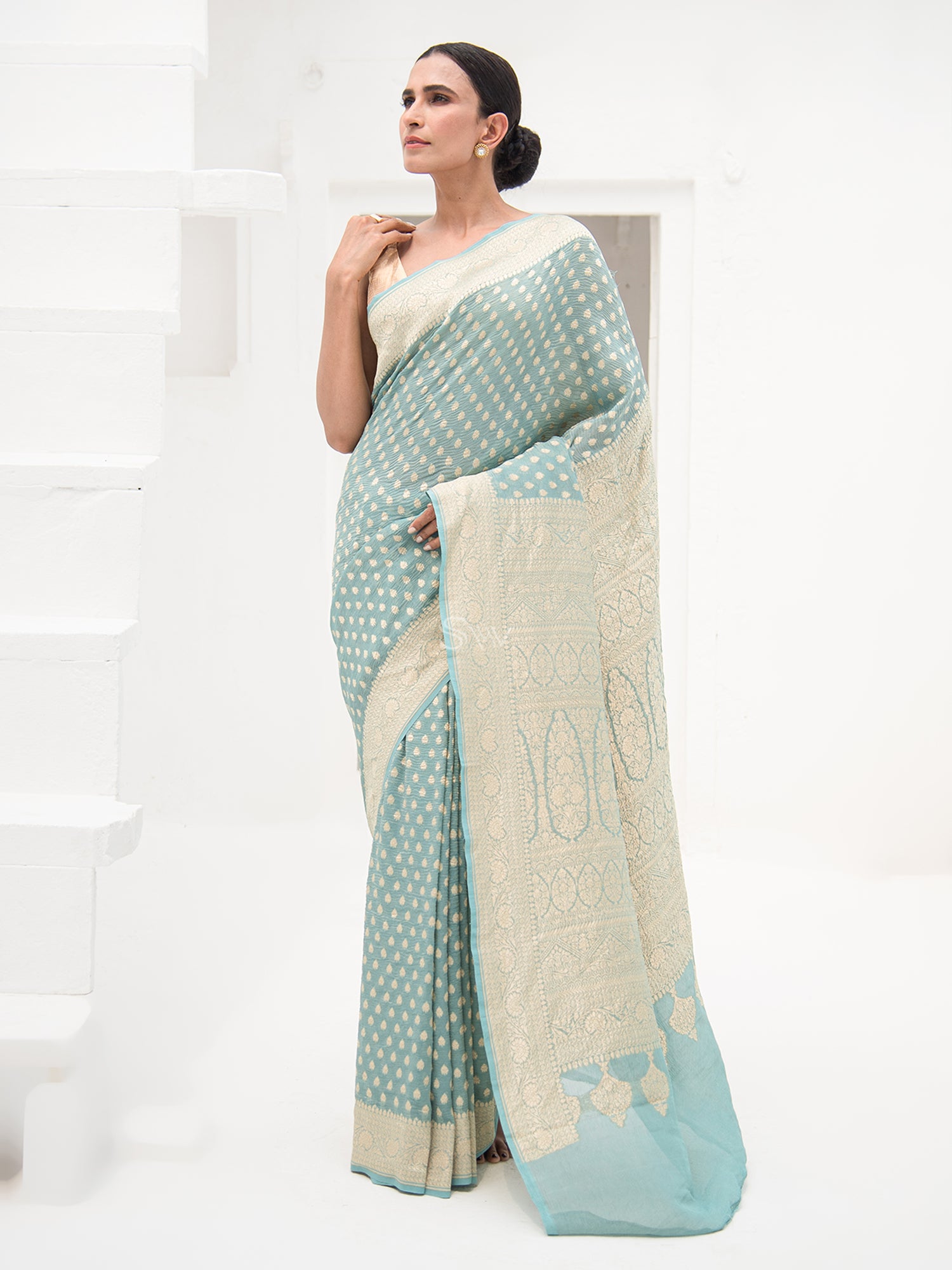 Dusky Blue Pure Crush Tissue Silk Handloom Banarasi Saree - Sacred Weaves