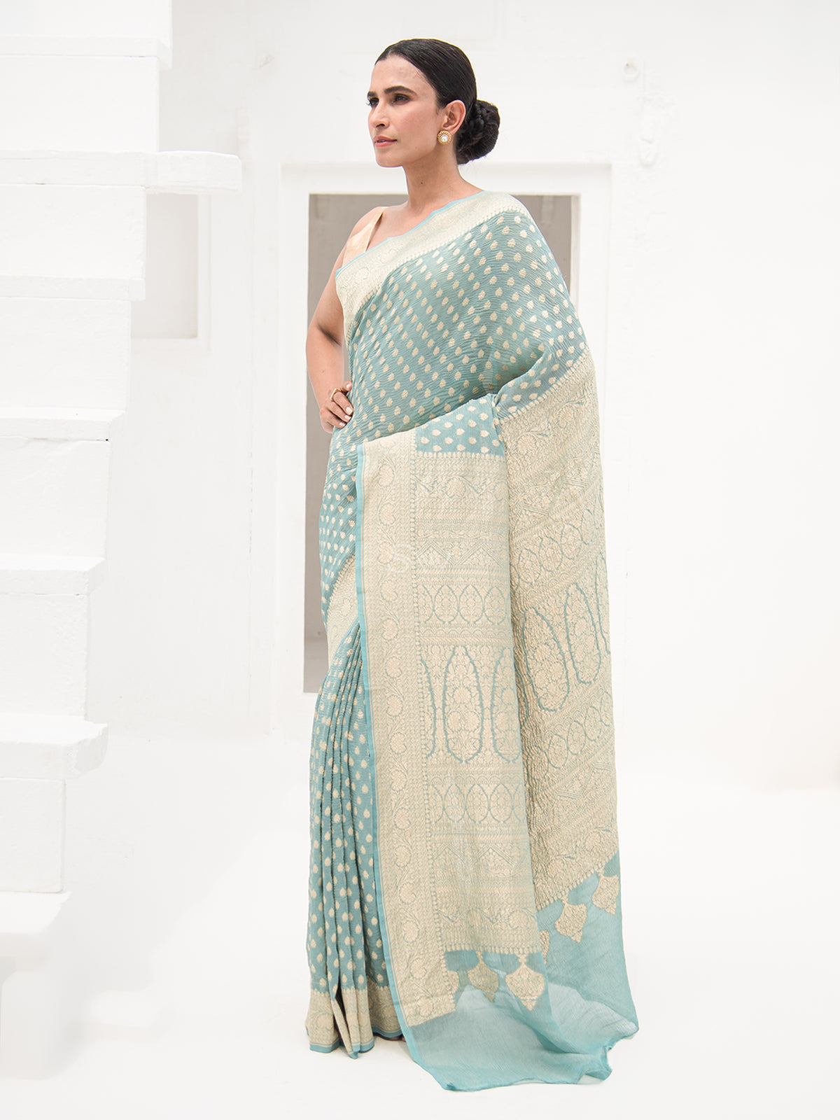 Dusky Blue Pure Crush Tissue Silk Handloom Banarasi Saree - Sacred Weaves