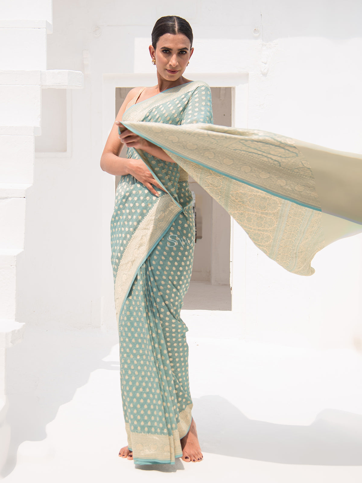 Dusky Blue Pure Crush Tissue Silk Handloom Banarasi Saree - Sacred Weaves