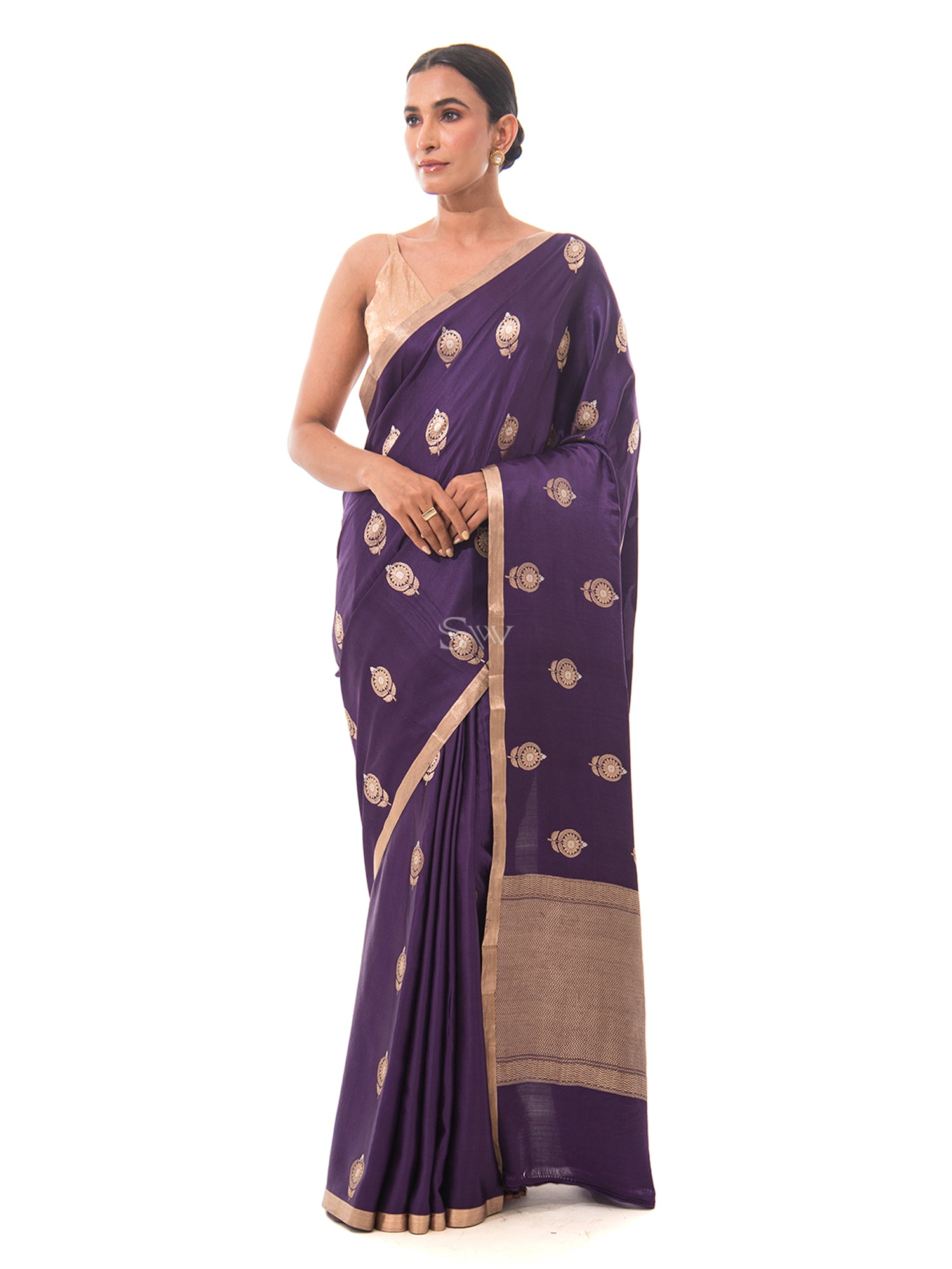 Dark Purple Mashru Satin Silk Handloom Banarasi Saree - Sacred Weaves