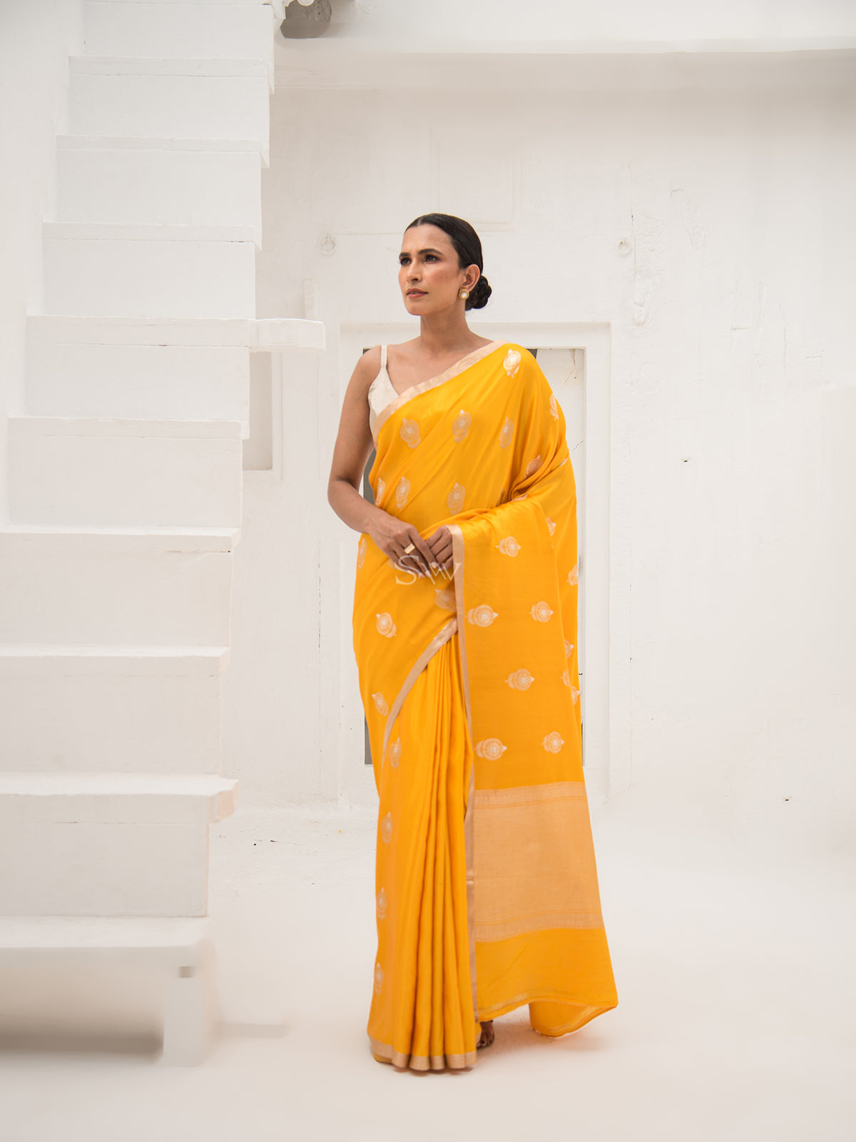 Mustard Mashru Satin Silk Handloom Banarasi Saree - Sacred Weaves