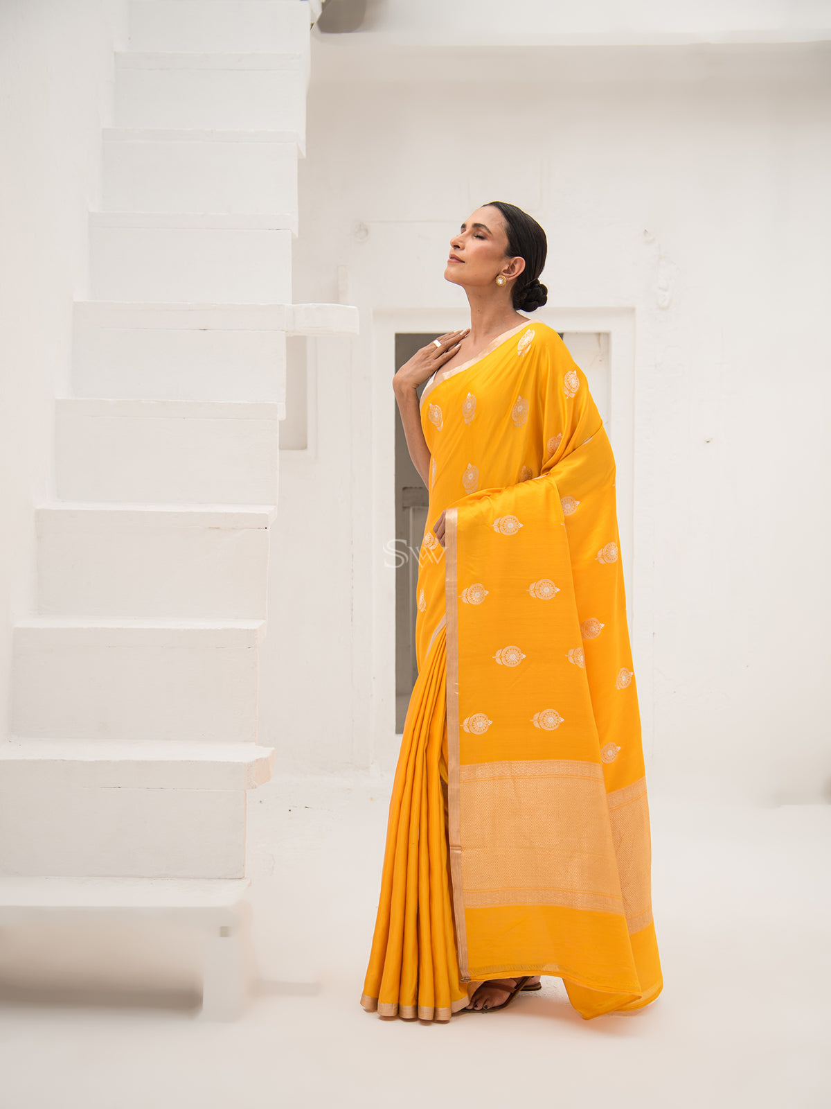 Mustard Mashru Satin Silk Handloom Banarasi Saree - Sacred Weaves