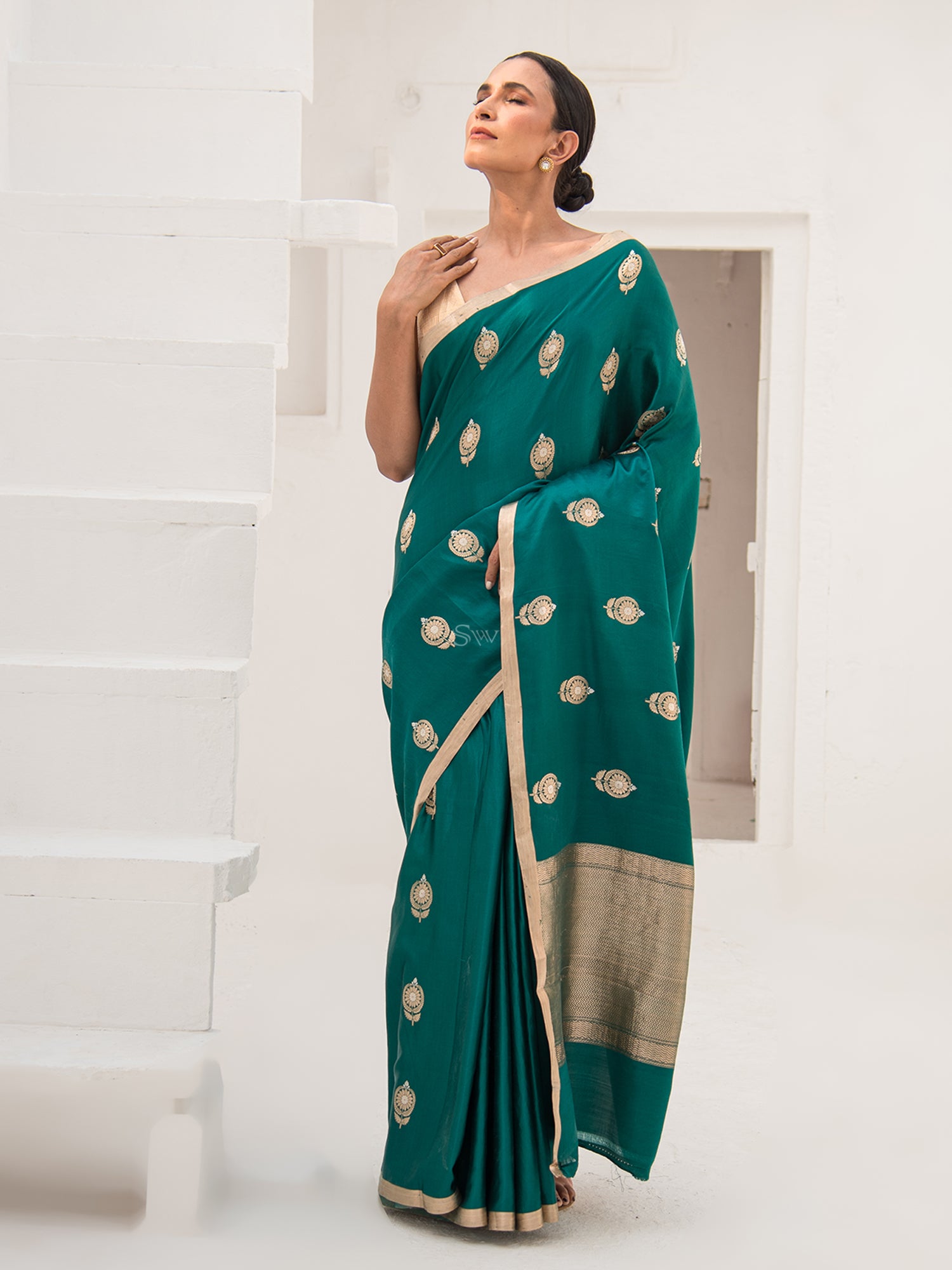 Teal Green Mashru Satin Silk Handloom Banarasi Saree - Sacred Weaves