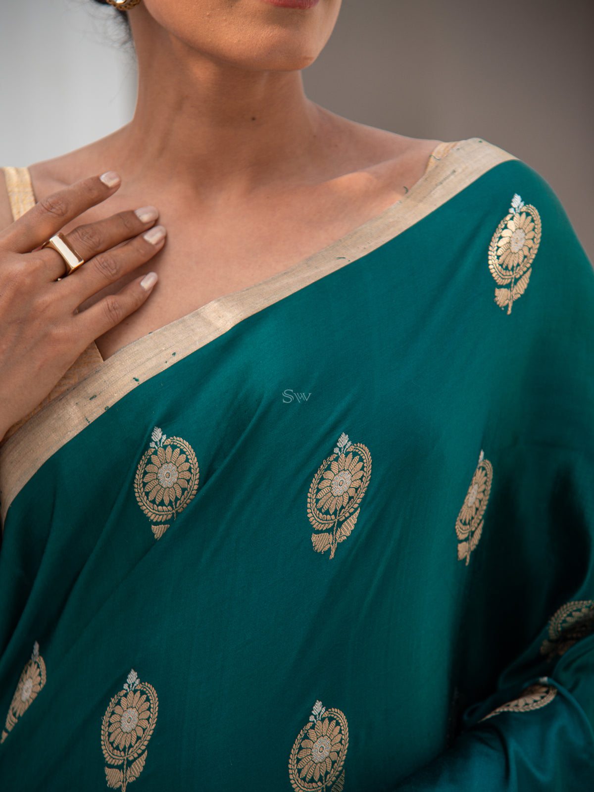 Teal Green Mashru Satin Silk Handloom Banarasi Saree - Sacred Weaves
