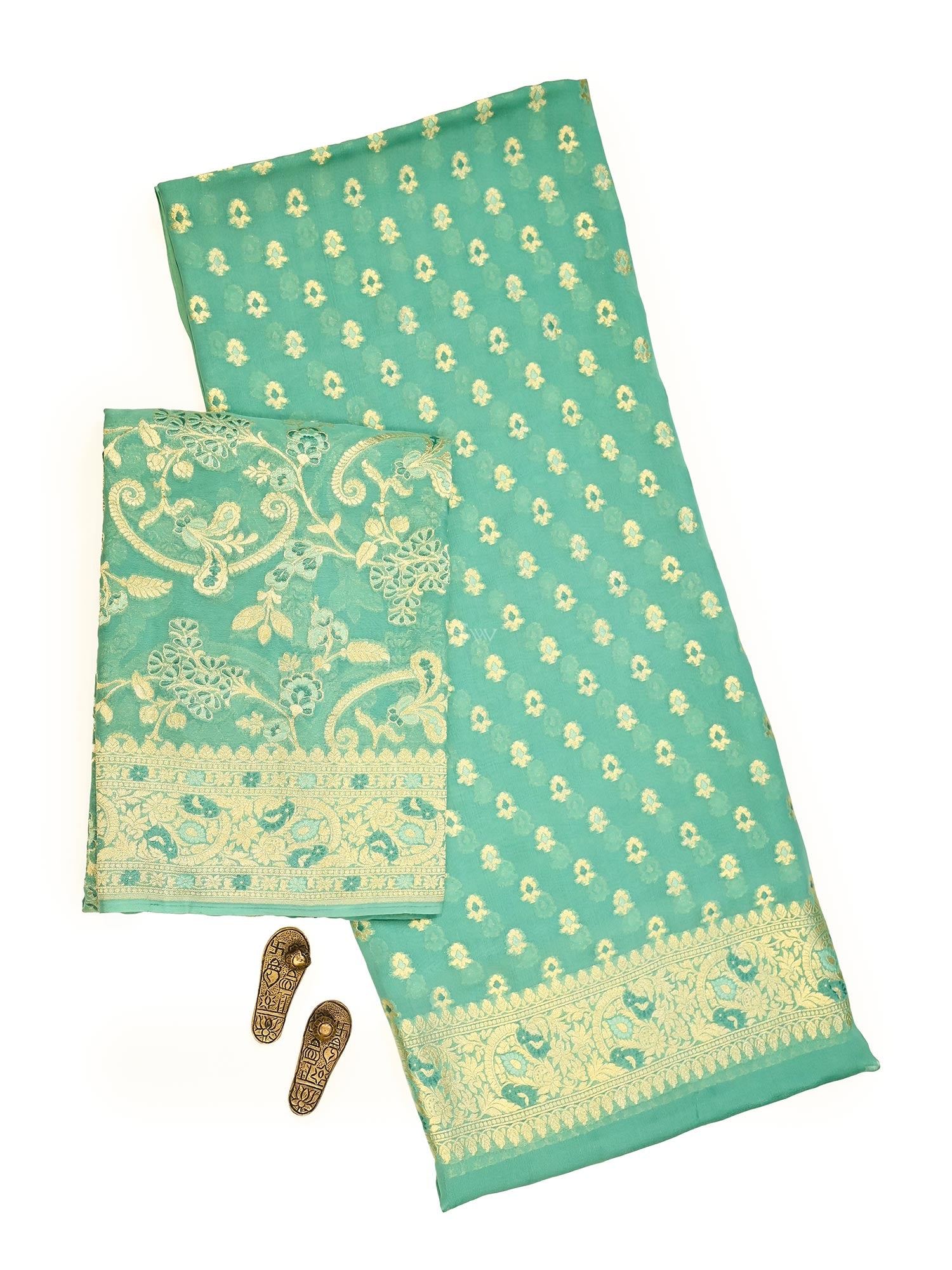 Sea Green Meenakari Khaddi Georgette Handloom Banarasi Suit - Sacred Weaves