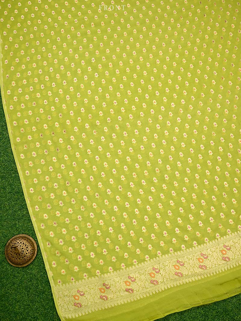 Lime Green Meenakari Khaddi Georgette Handloom Banarasi Suit - Sacred Weaves