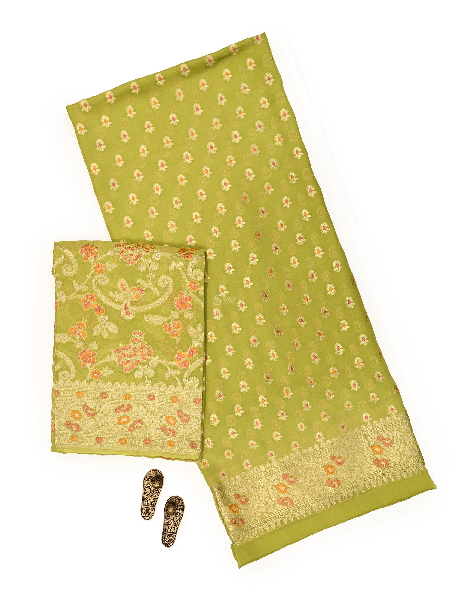 Lime Green Meenakari Khaddi Georgette Handloom Banarasi Suit - Sacred Weaves