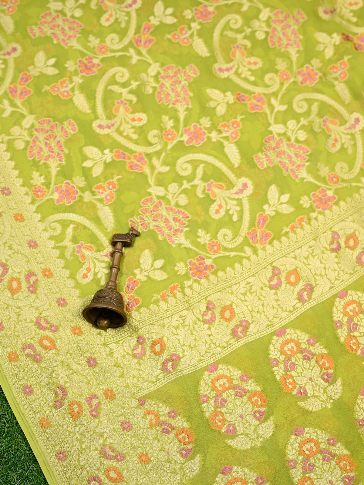 Lime Green Meenakari Khaddi Georgette Handloom Banarasi Suit - Sacred Weaves