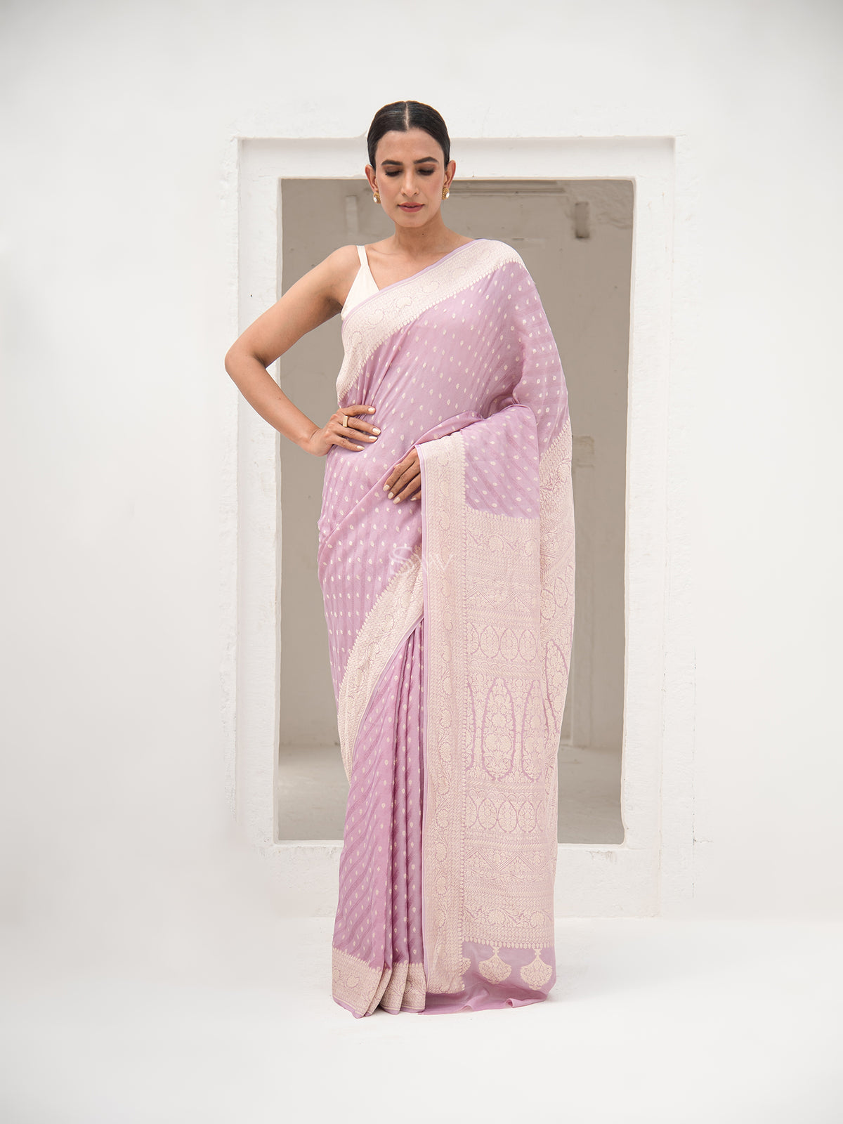 Pastel Purple Booti Crepe Silk Handloom Banarasi Saree