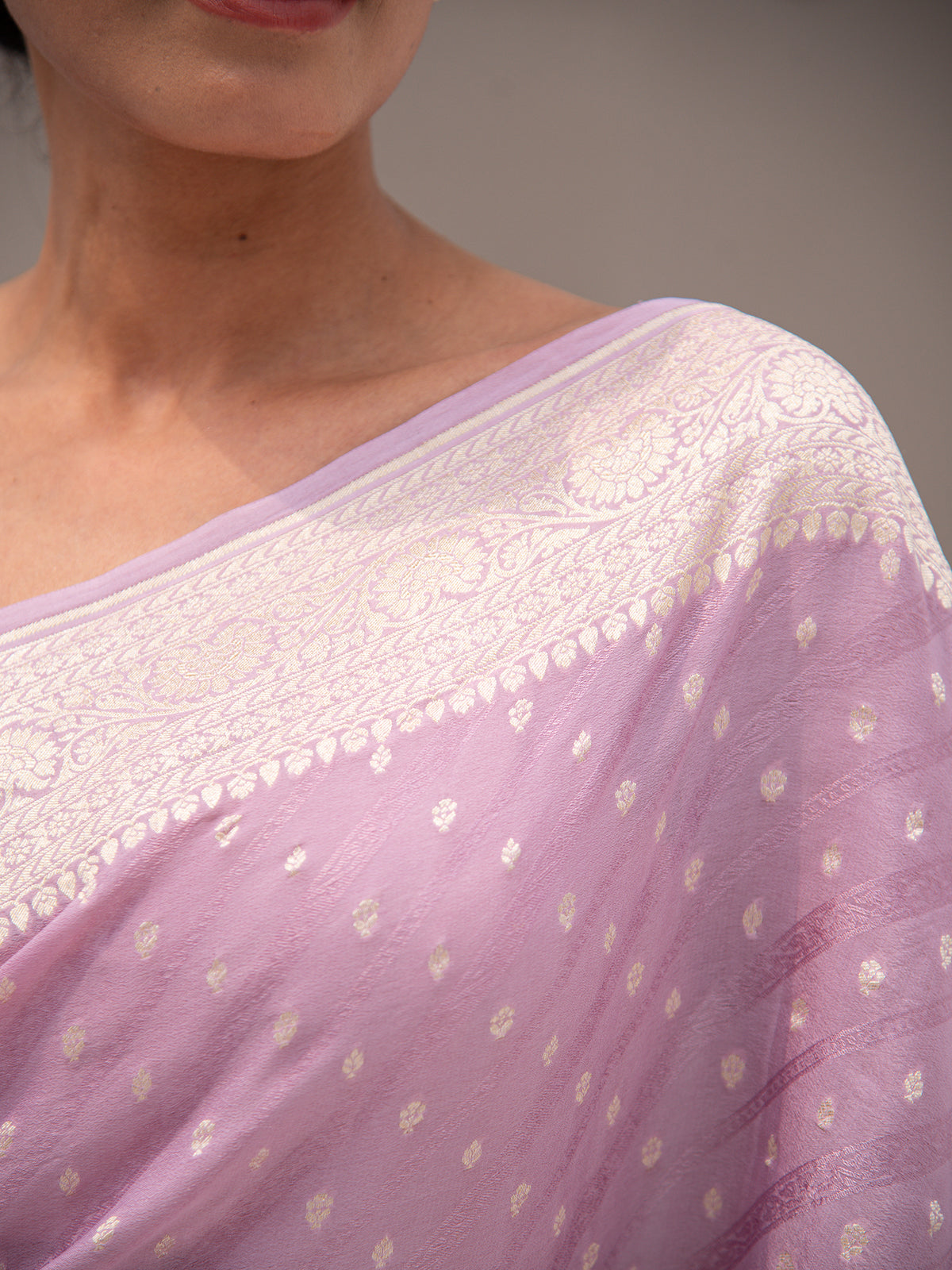 Pastel Purple Booti Crepe Silk Handloom Banarasi Saree