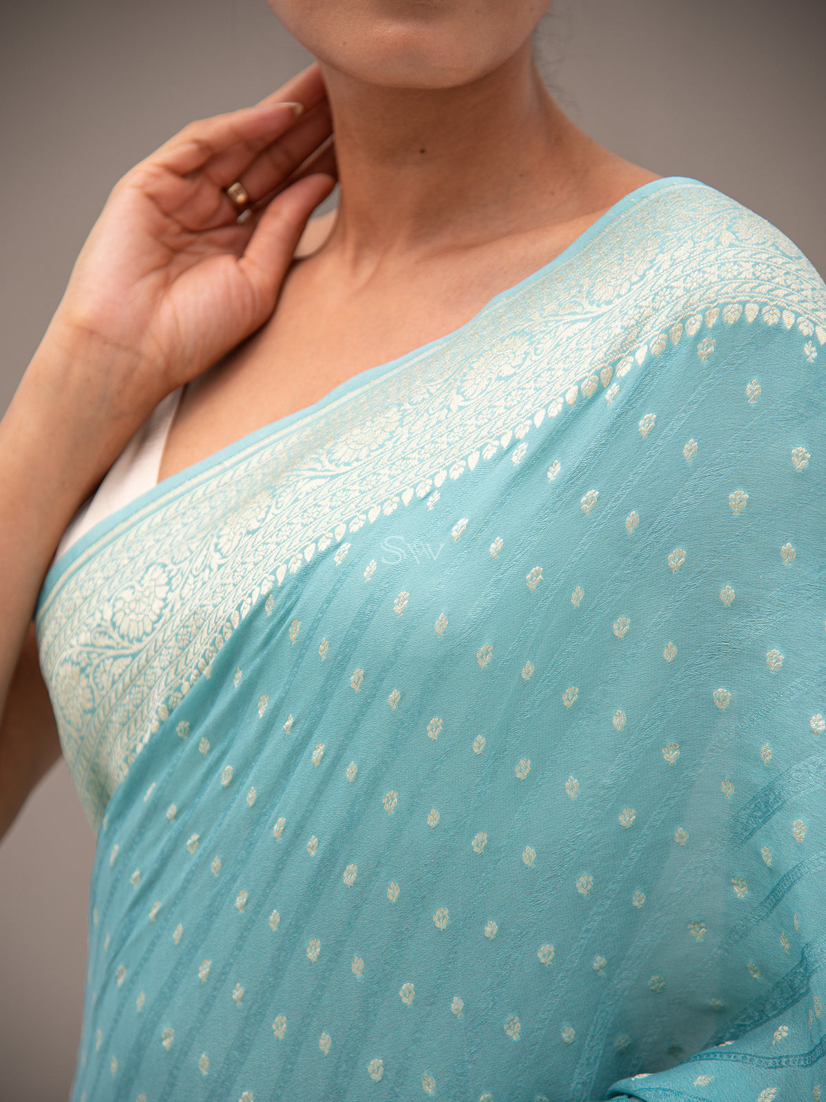 Sky Blue Booti Crepe Silk Handloom Banarasi Saree