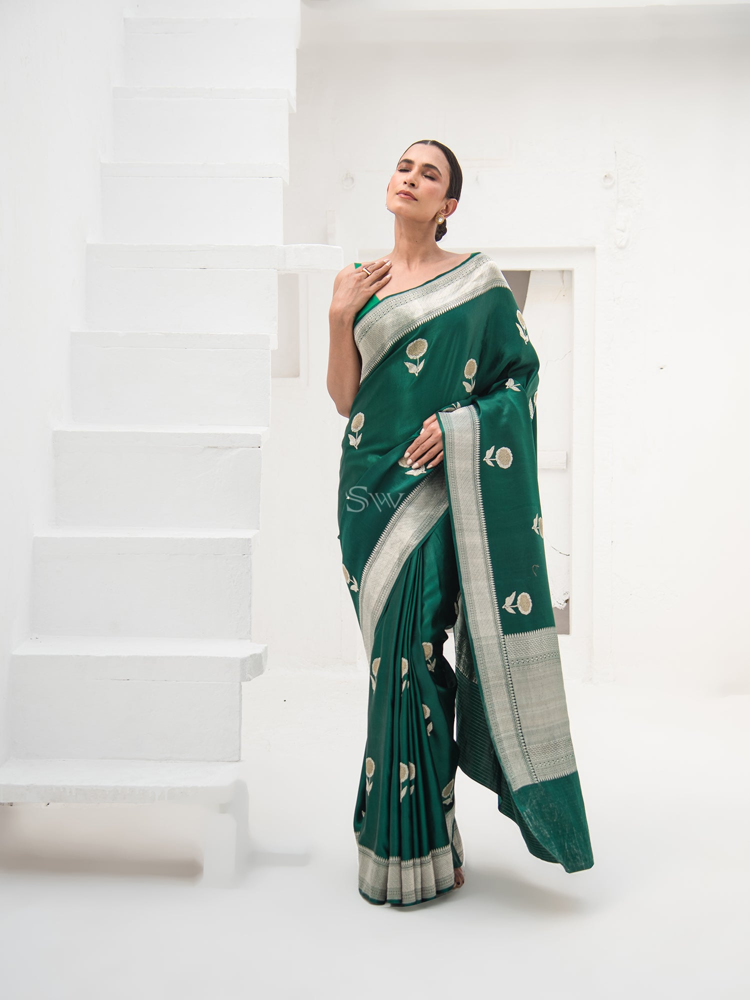 Bottle Green Satin Silk Handloom Banarasi Saree - Sacred Weaves
