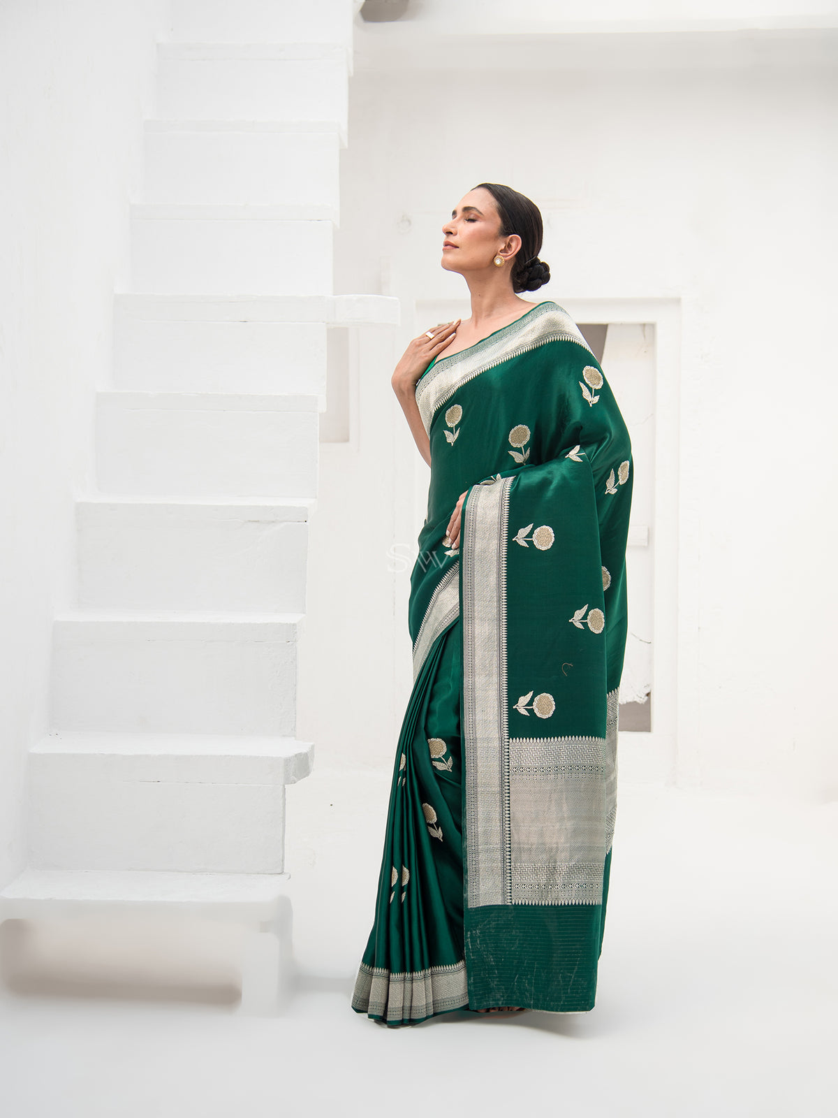 Bottle Green Satin Silk Handloom Banarasi Saree - Sacred Weaves