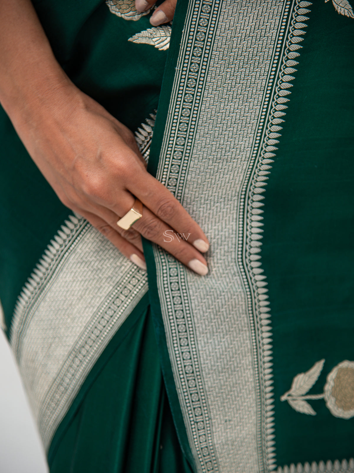 Bottle Green Satin Silk Handloom Banarasi Saree - Sacred Weaves