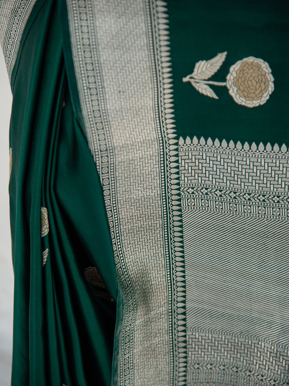 Bottle Green Satin Silk Handloom Banarasi Saree - Sacred Weaves