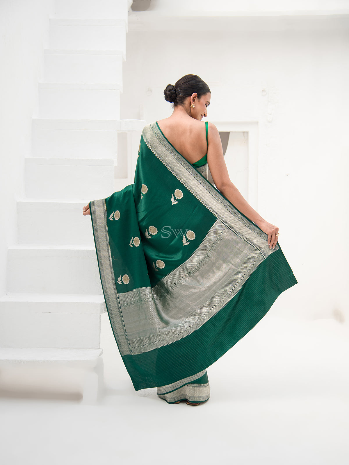 Bottle Green Satin Silk Handloom Banarasi Saree - Sacred Weaves