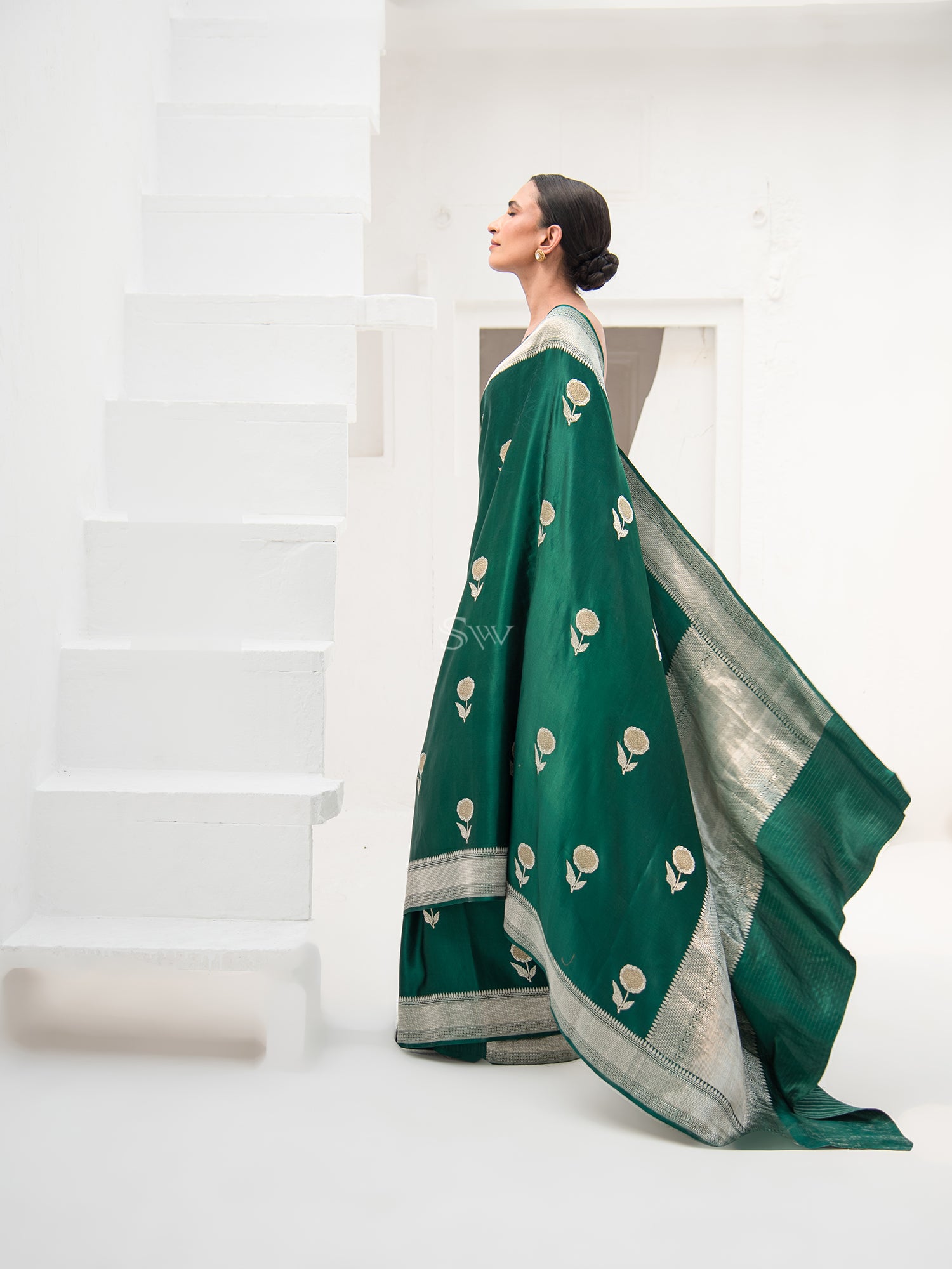 Bottle Green Satin Silk Handloom Banarasi Saree - Sacred Weaves