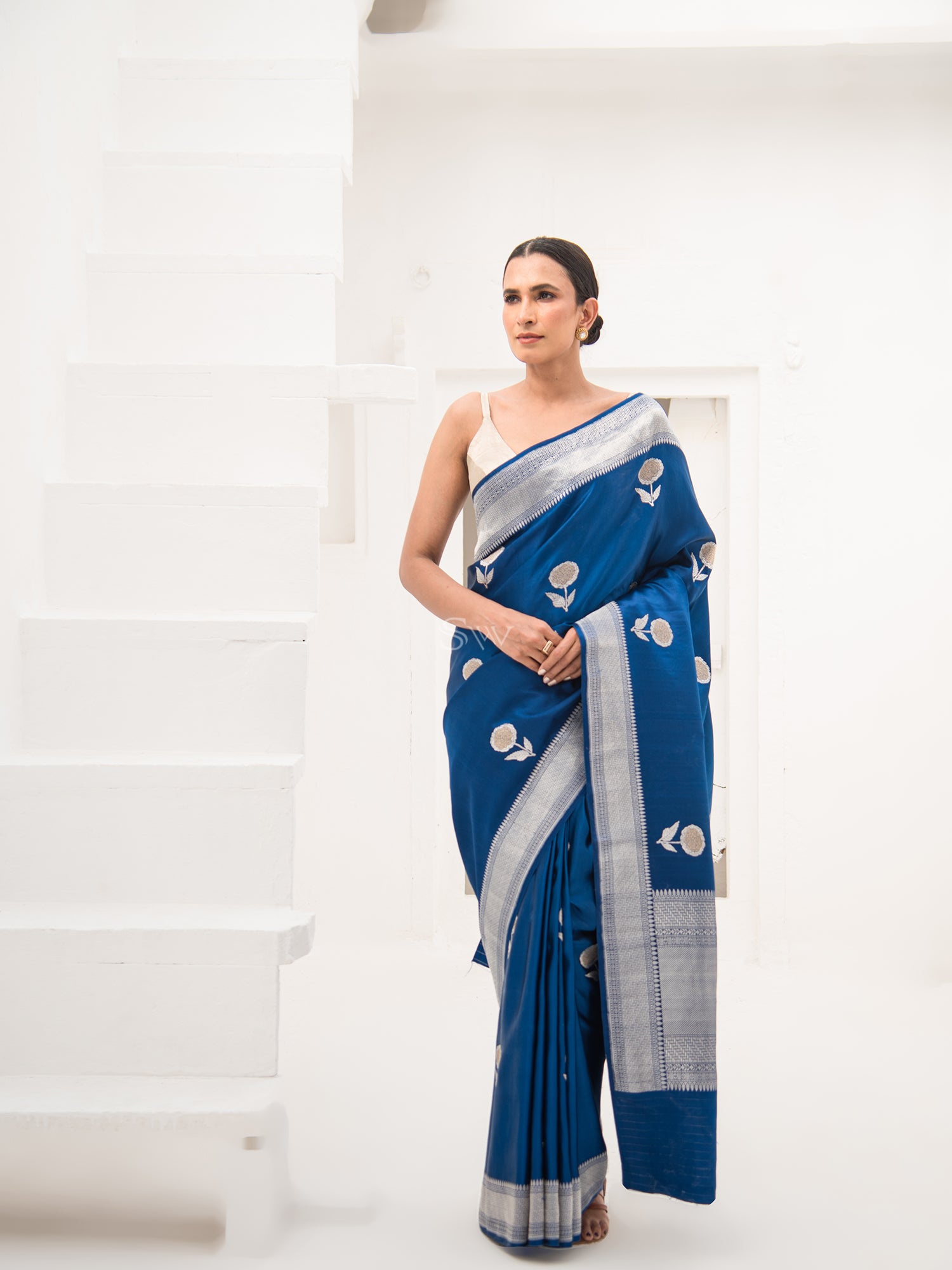 Midnight Blue Satin Silk Handloom Banarasi Saree - Sacred Weaves
