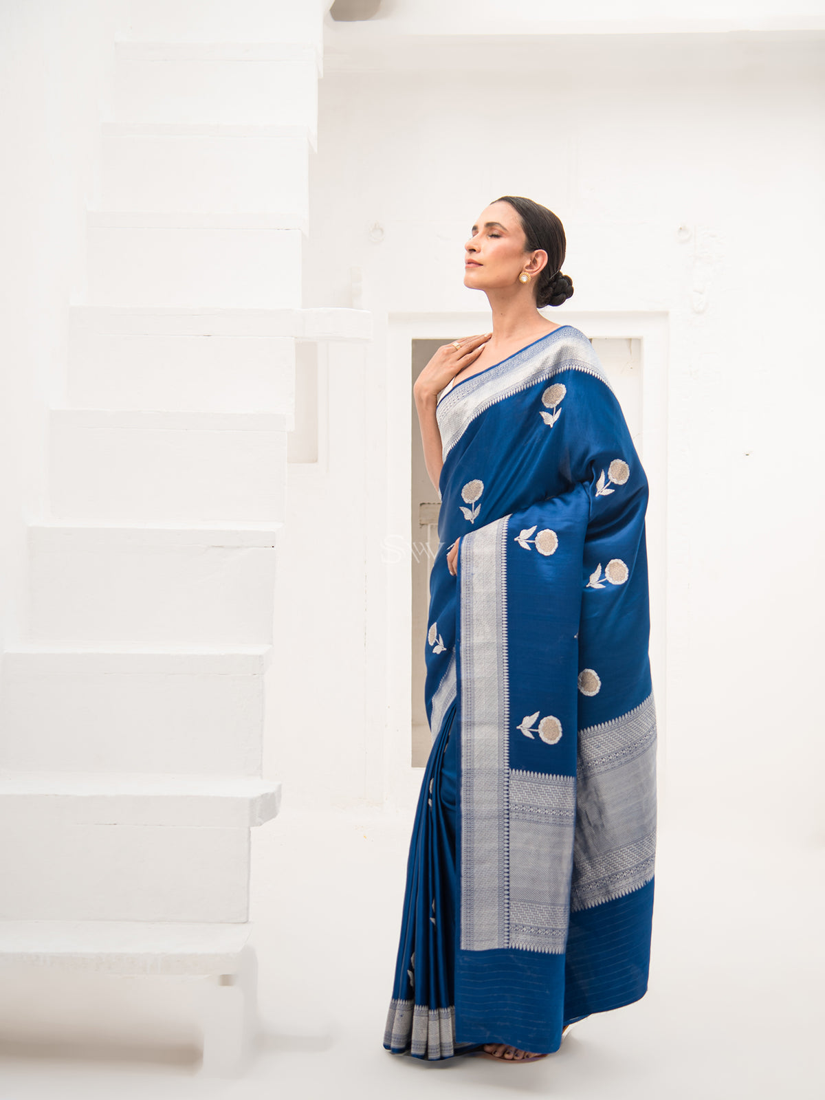 Midnight Blue Satin Silk Handloom Banarasi Saree - Sacred Weaves