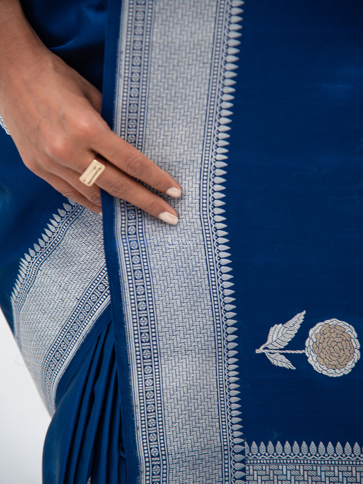 Midnight Blue Satin Silk Handloom Banarasi Saree - Sacred Weaves