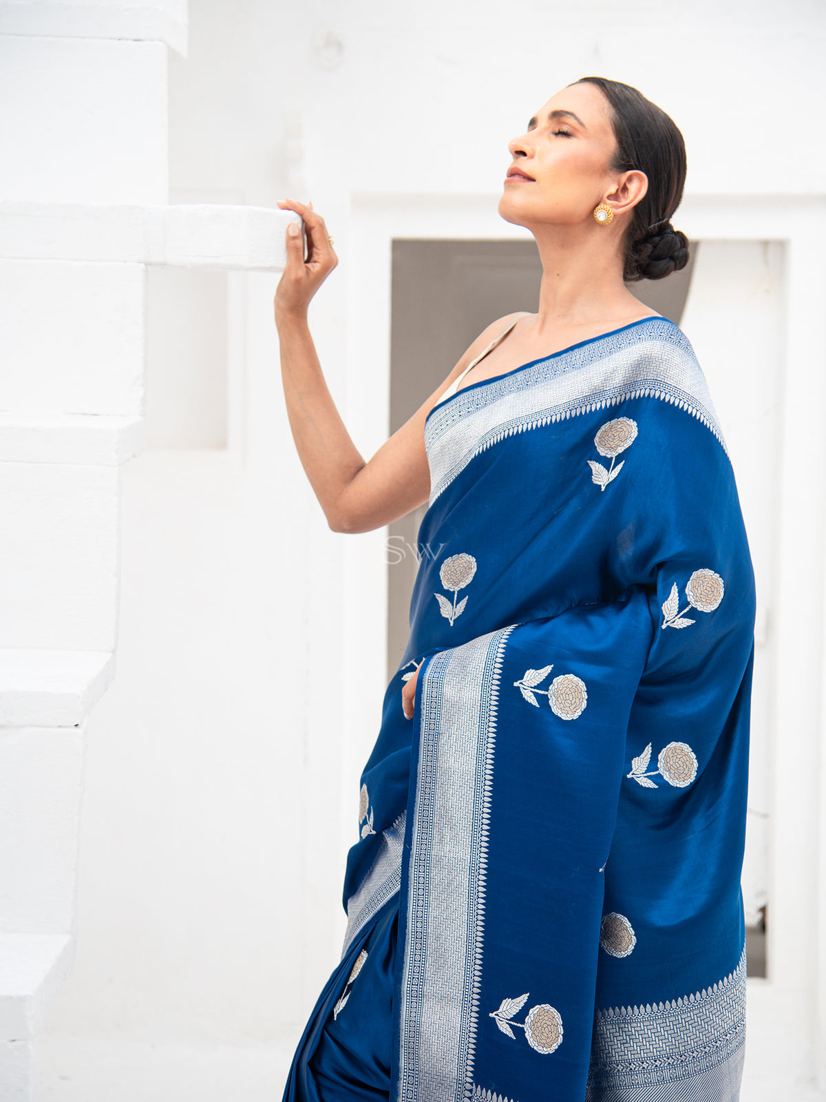 Midnight Blue Satin Silk Handloom Banarasi Saree - Sacred Weaves