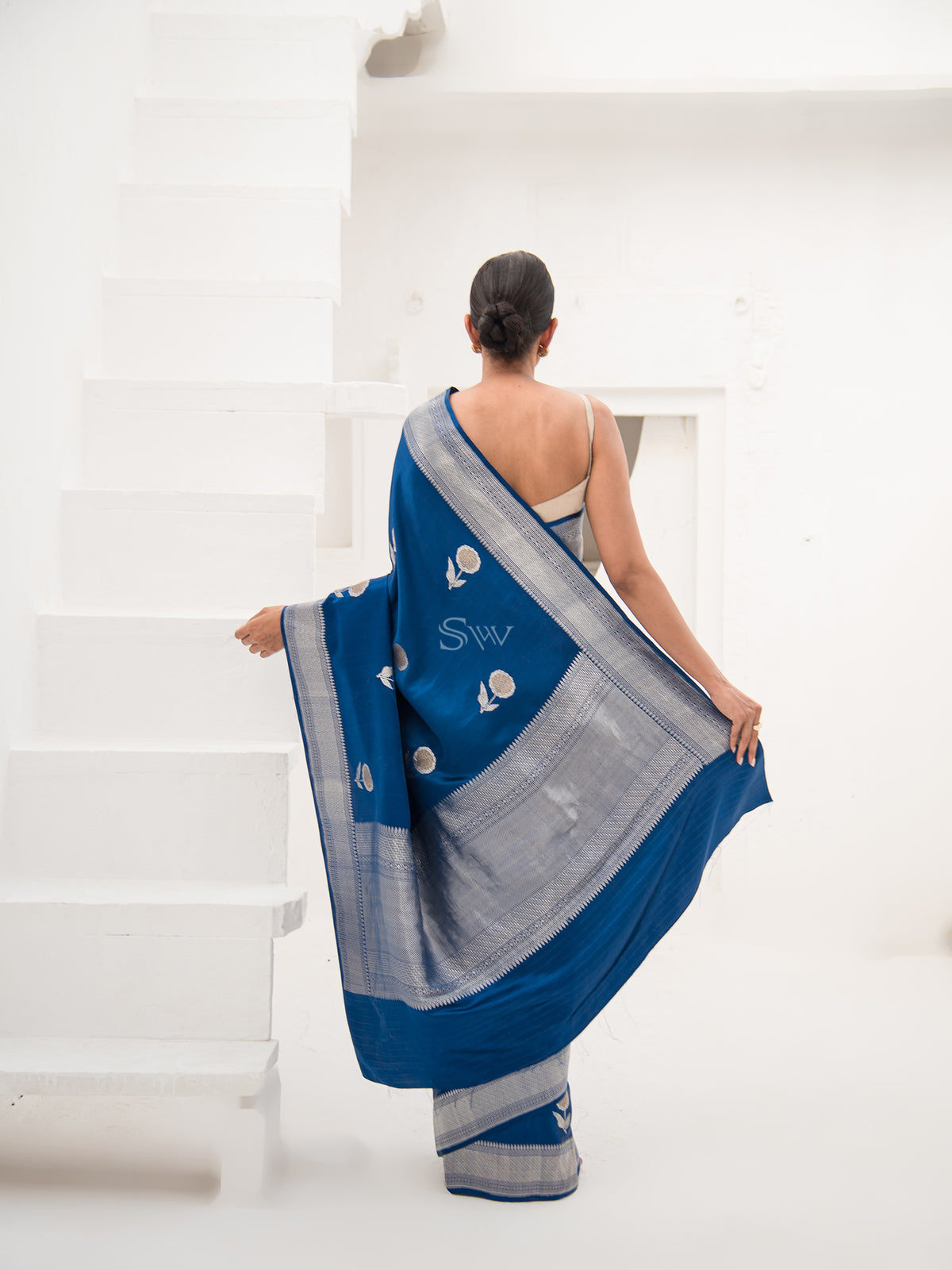 Midnight Blue Satin Silk Handloom Banarasi Saree - Sacred Weaves