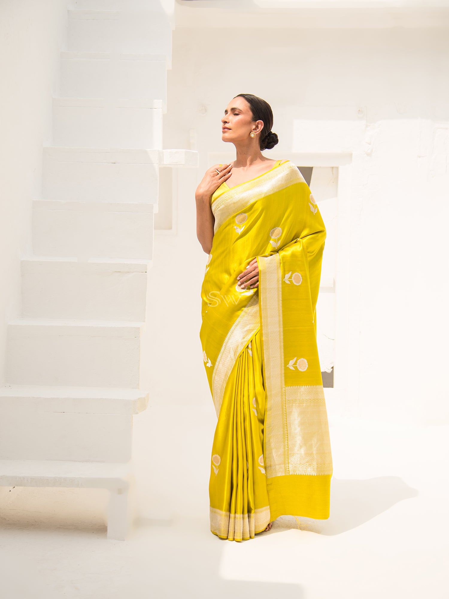 Lime Yellow Satin Silk Handloom Banarasi Saree - Sacred Weaves