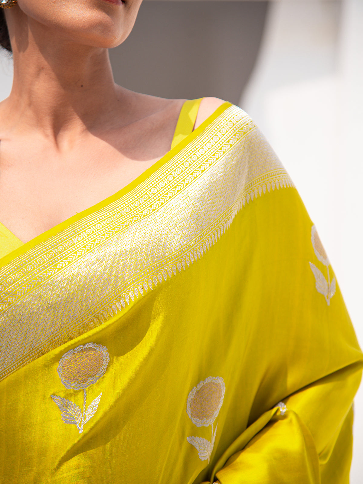 Lime Yellow Satin Silk Handloom Banarasi Saree - Sacred Weaves