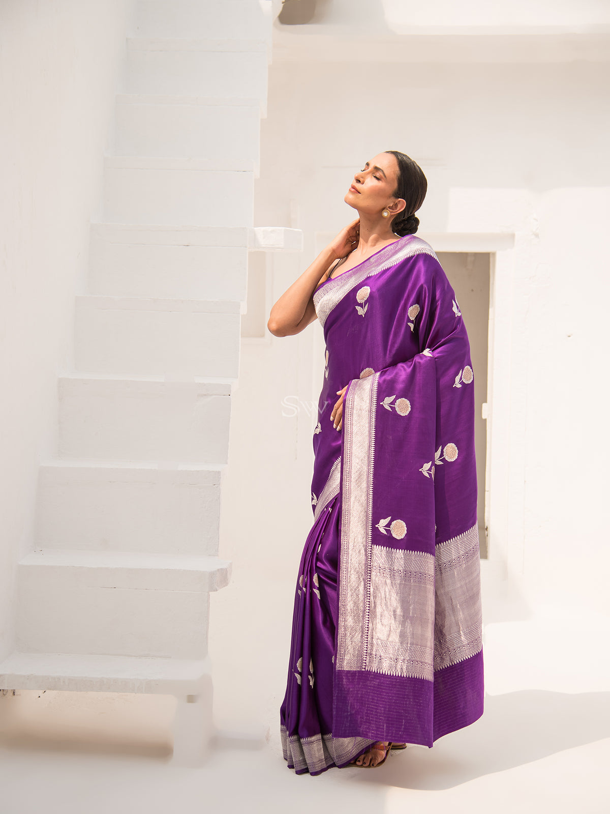 Dark Violet Satin Silk Handloom Banarasi Saree - Sacred Weaves