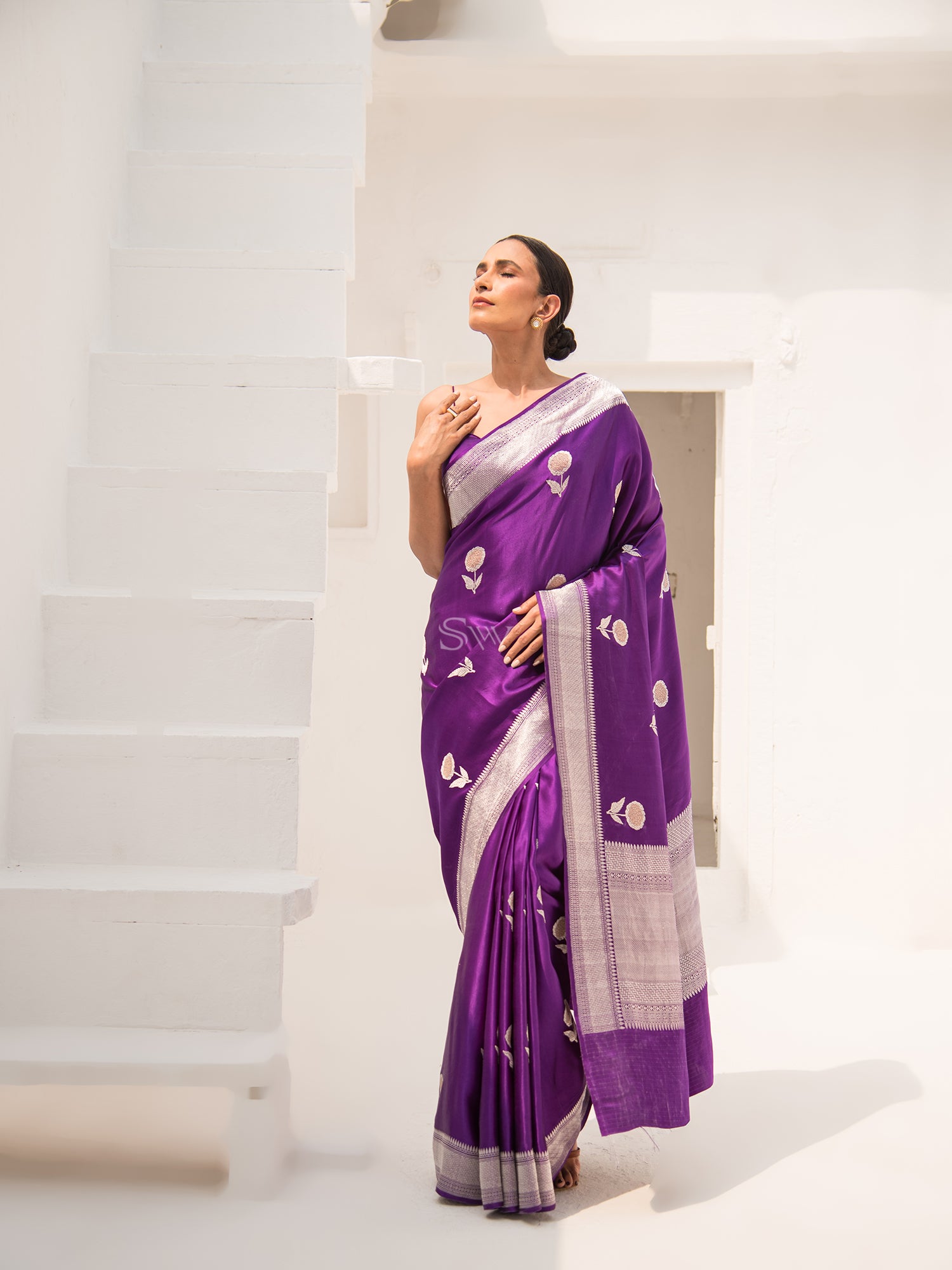 Dark Violet Satin Silk Handloom Banarasi Saree - Sacred Weaves