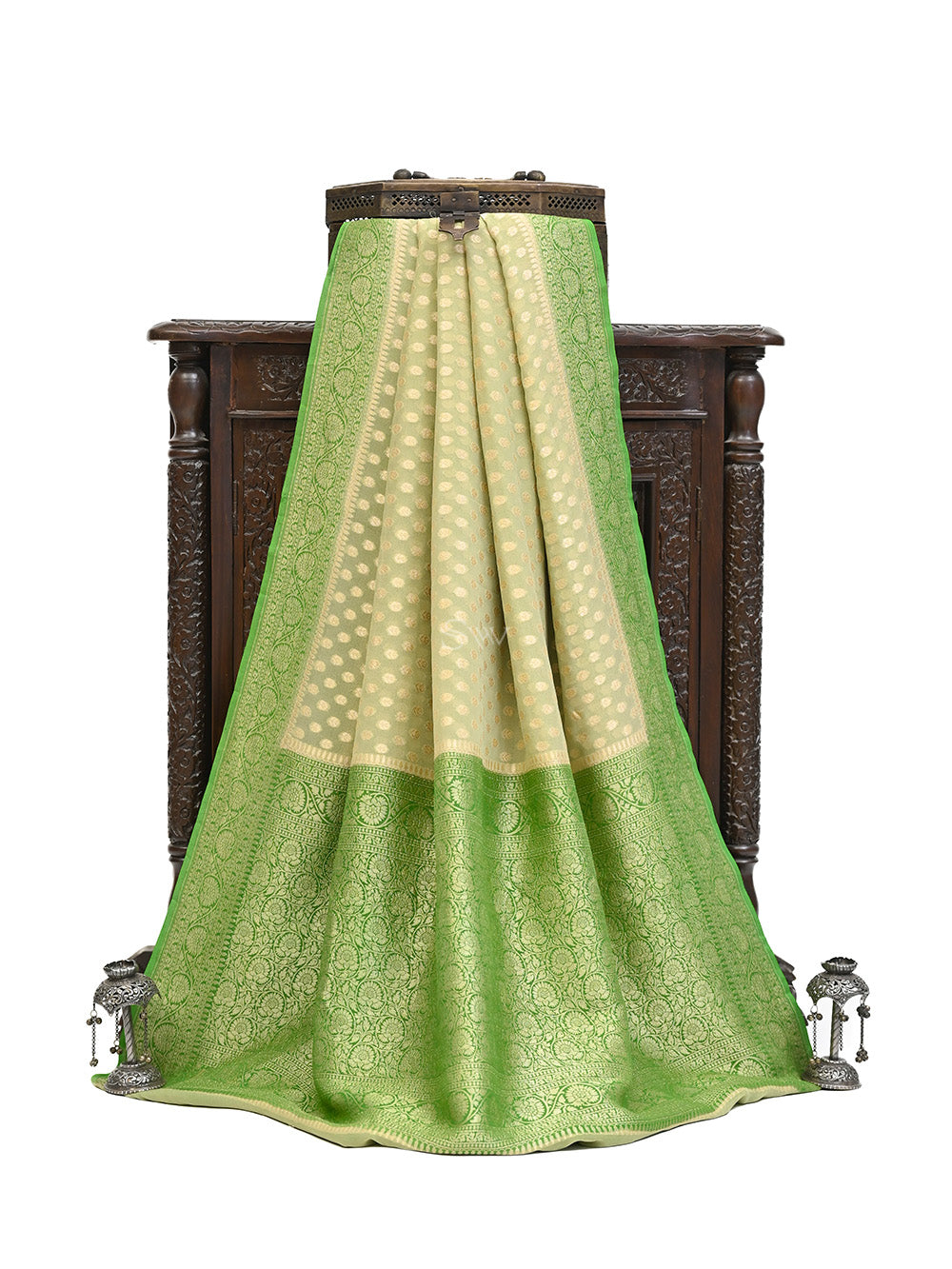 Moss Green Booti Khaddi Georgette Handloom Banarasi Saree