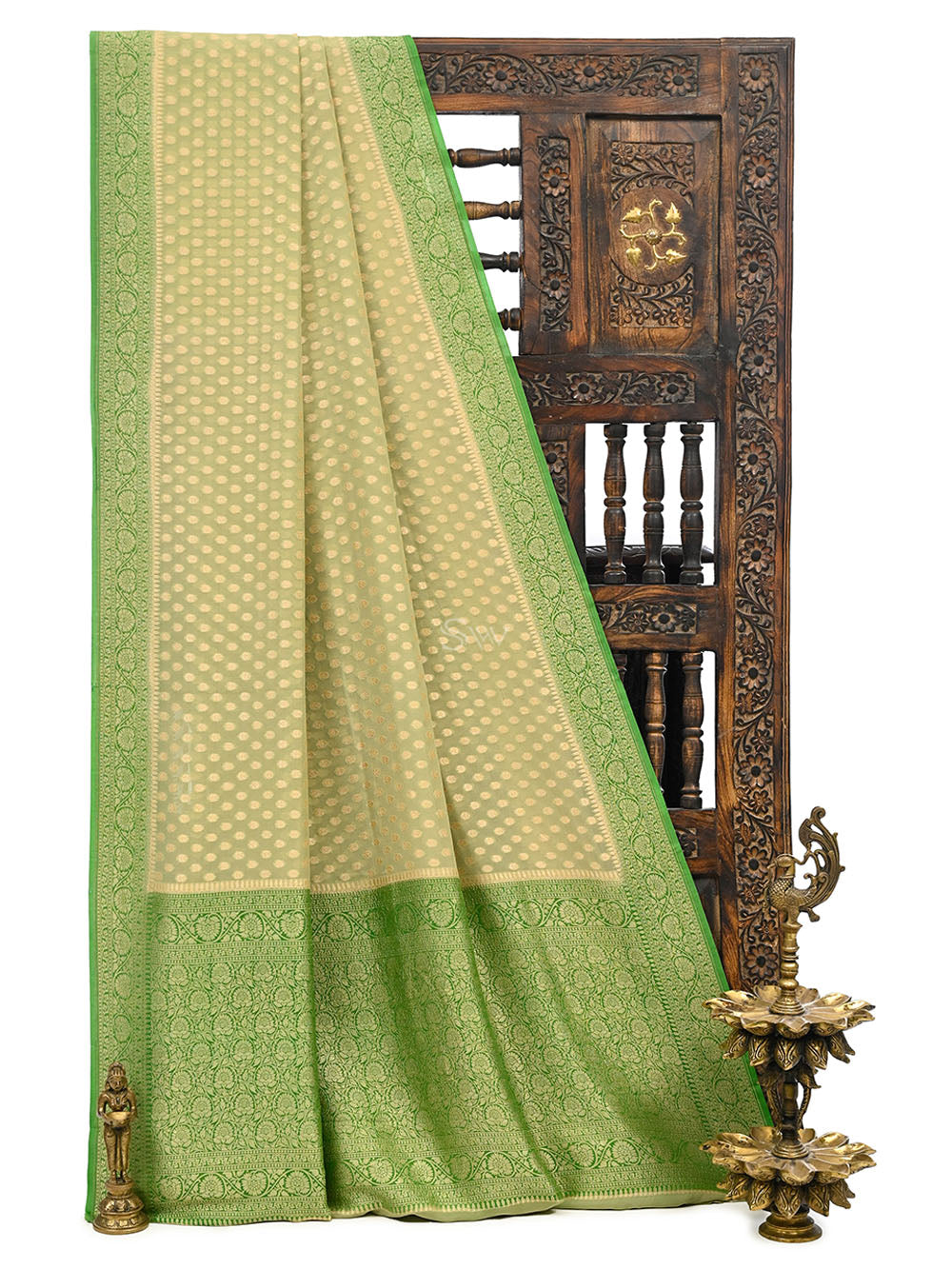 Moss Green Booti Khaddi Georgette Handloom Banarasi Saree - Sacred Weaves