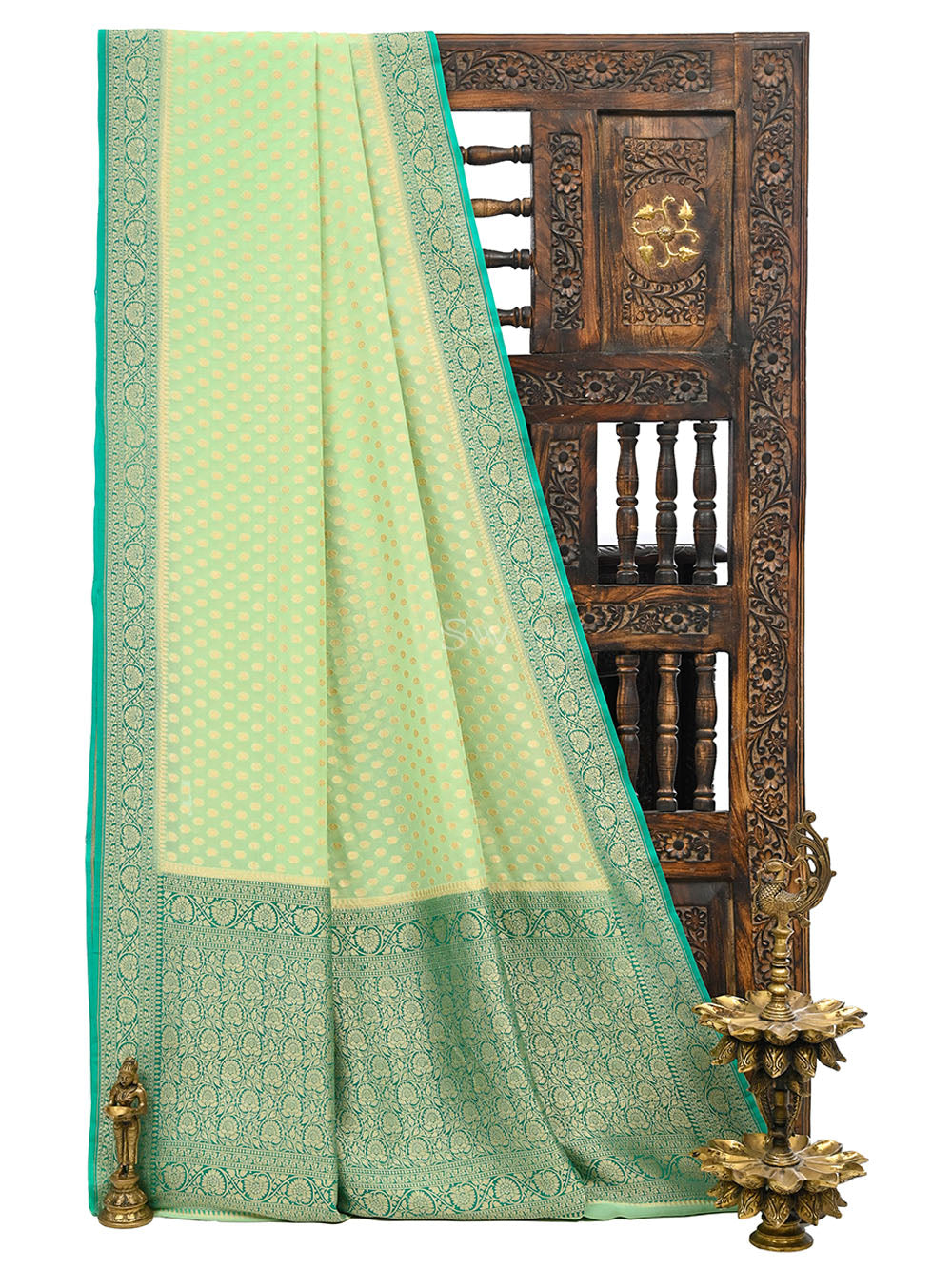 Pastel Green Booti Khaddi Georgette Handloom Banarasi Saree - Sacred Weaves