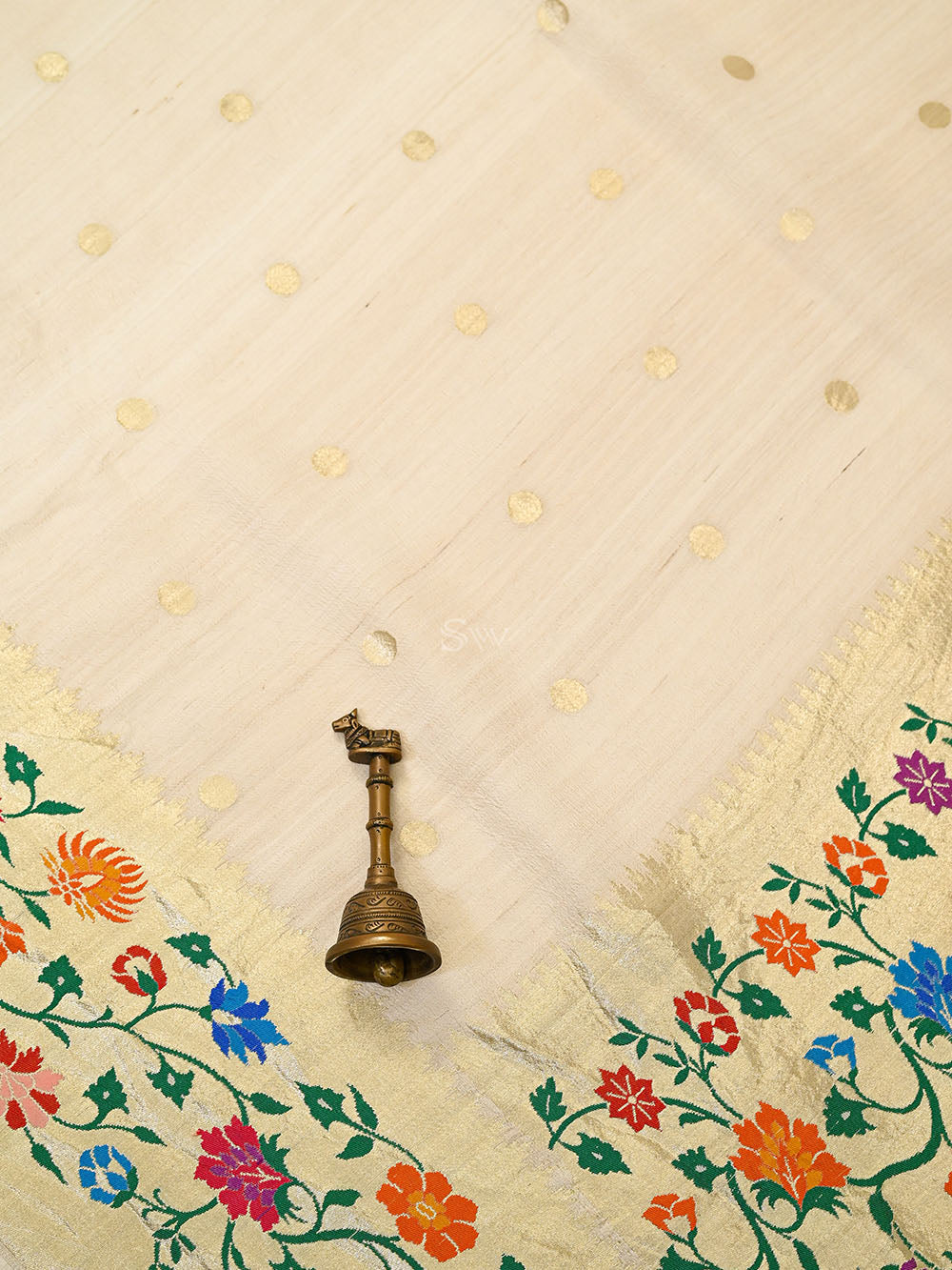 Off White Paithani Moonga Tussar Silk Handloom Banarasi Saree - Sacred Weaves