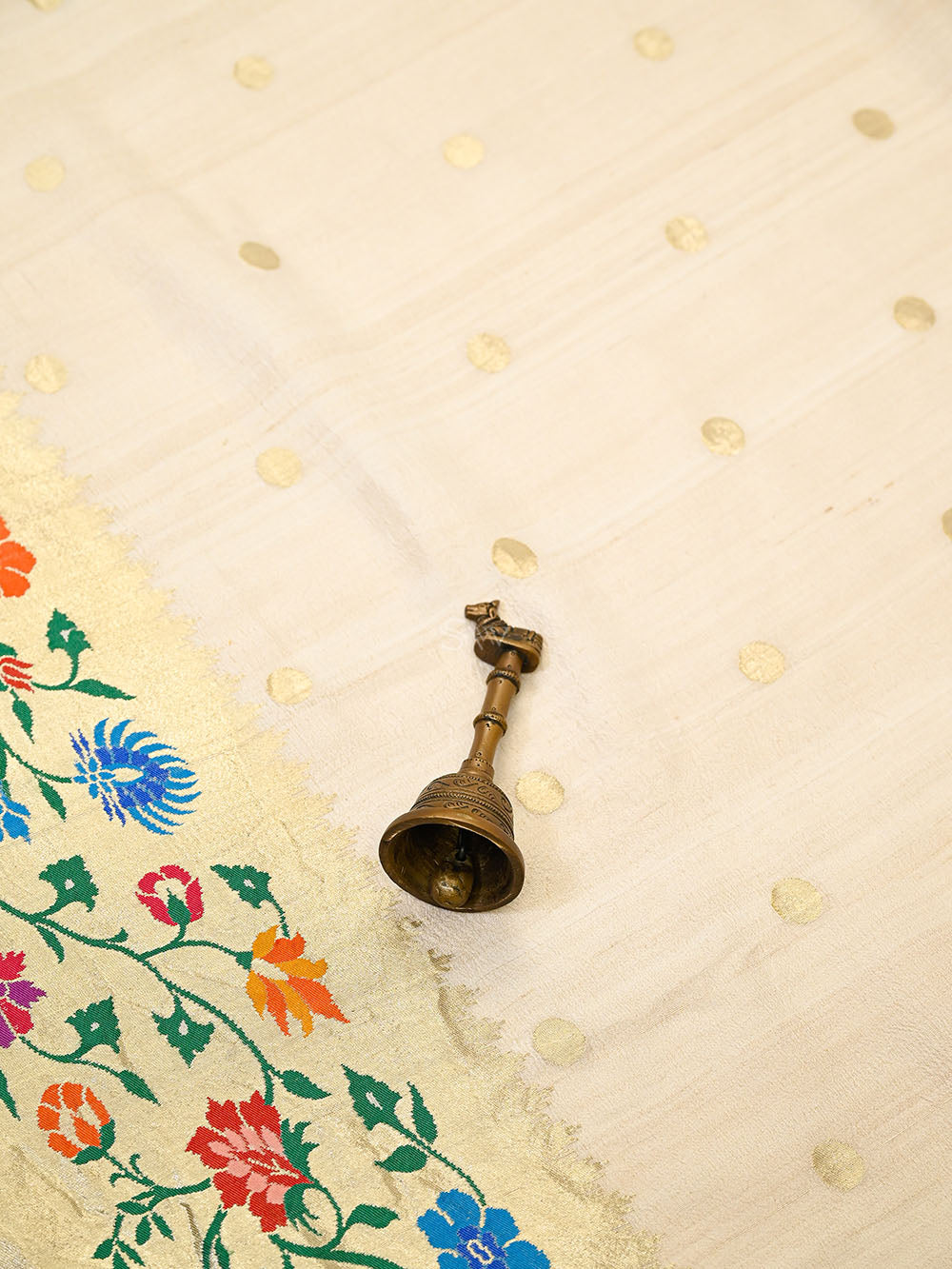 Off White Paithani Moonga Tussar Silk Handloom Banarasi Saree - Sacred Weaves