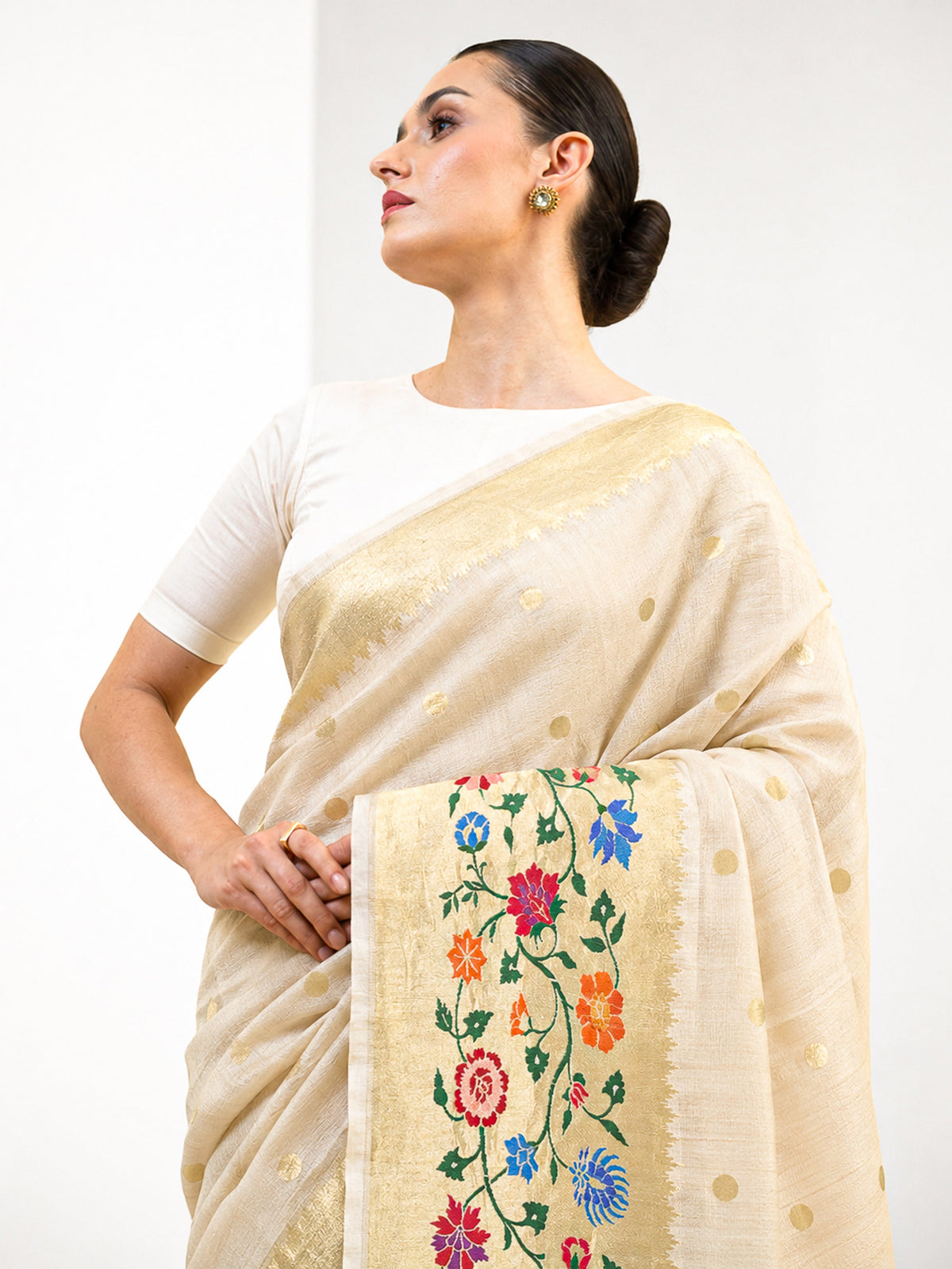 Off White Paithani Moonga Tussar Silk Handloom Banarasi Saree - Sacred Weaves