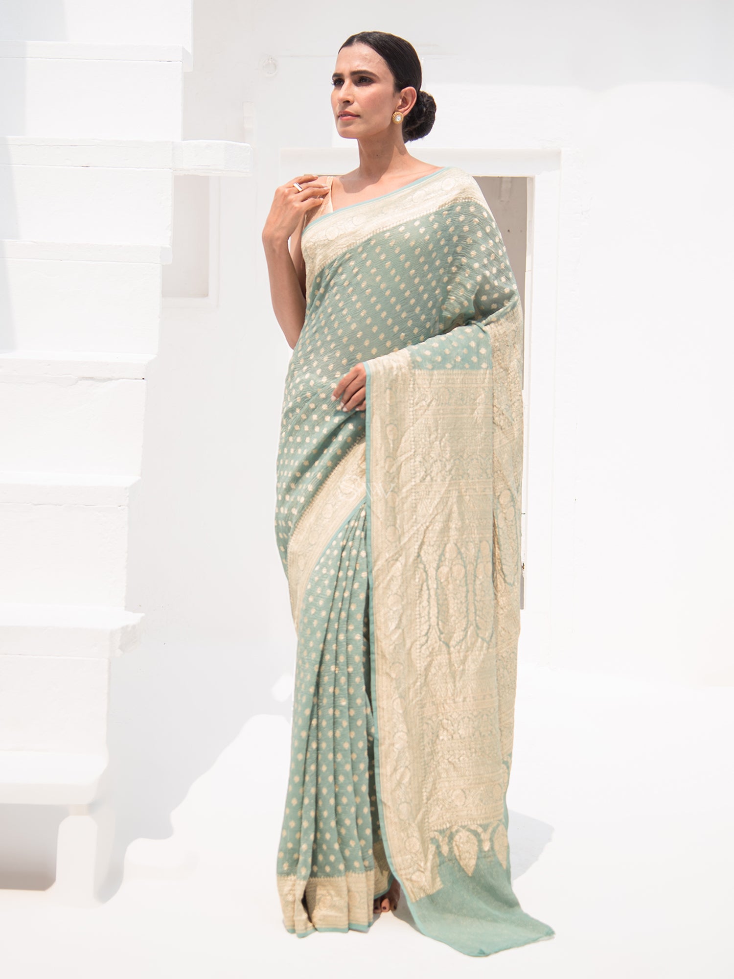 Dusty Green Crush Tissue Silk Handloom Banarasi Saree - Sacred Weaves