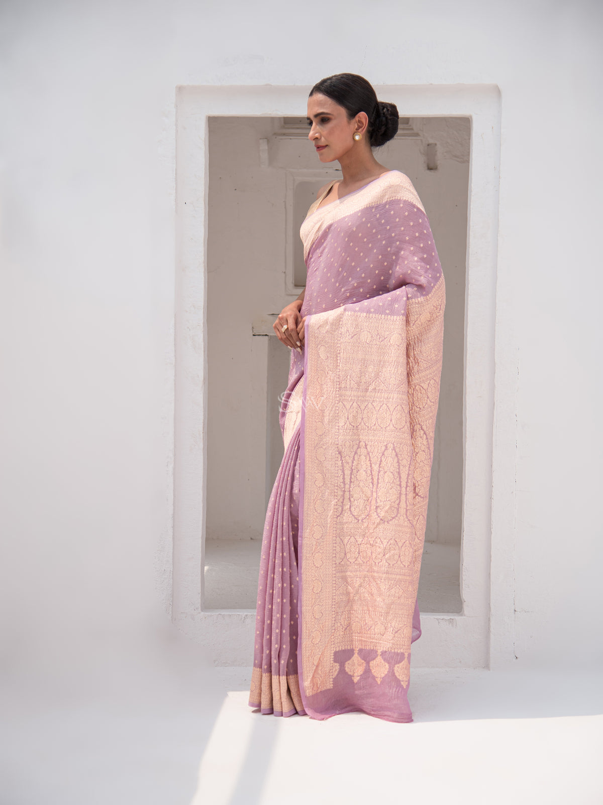 Pastel Purple Pure Crush Tissue Silk Handloom Banarasi Saree - Sacred Weaves