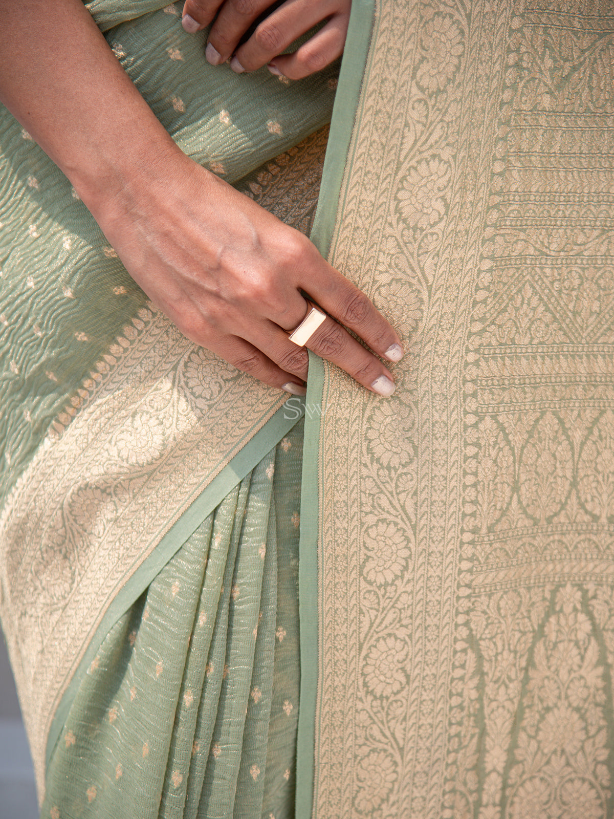 Moss Green Pure Crush Tissue Silk Handloom Banarasi Saree - Sacred Weaves