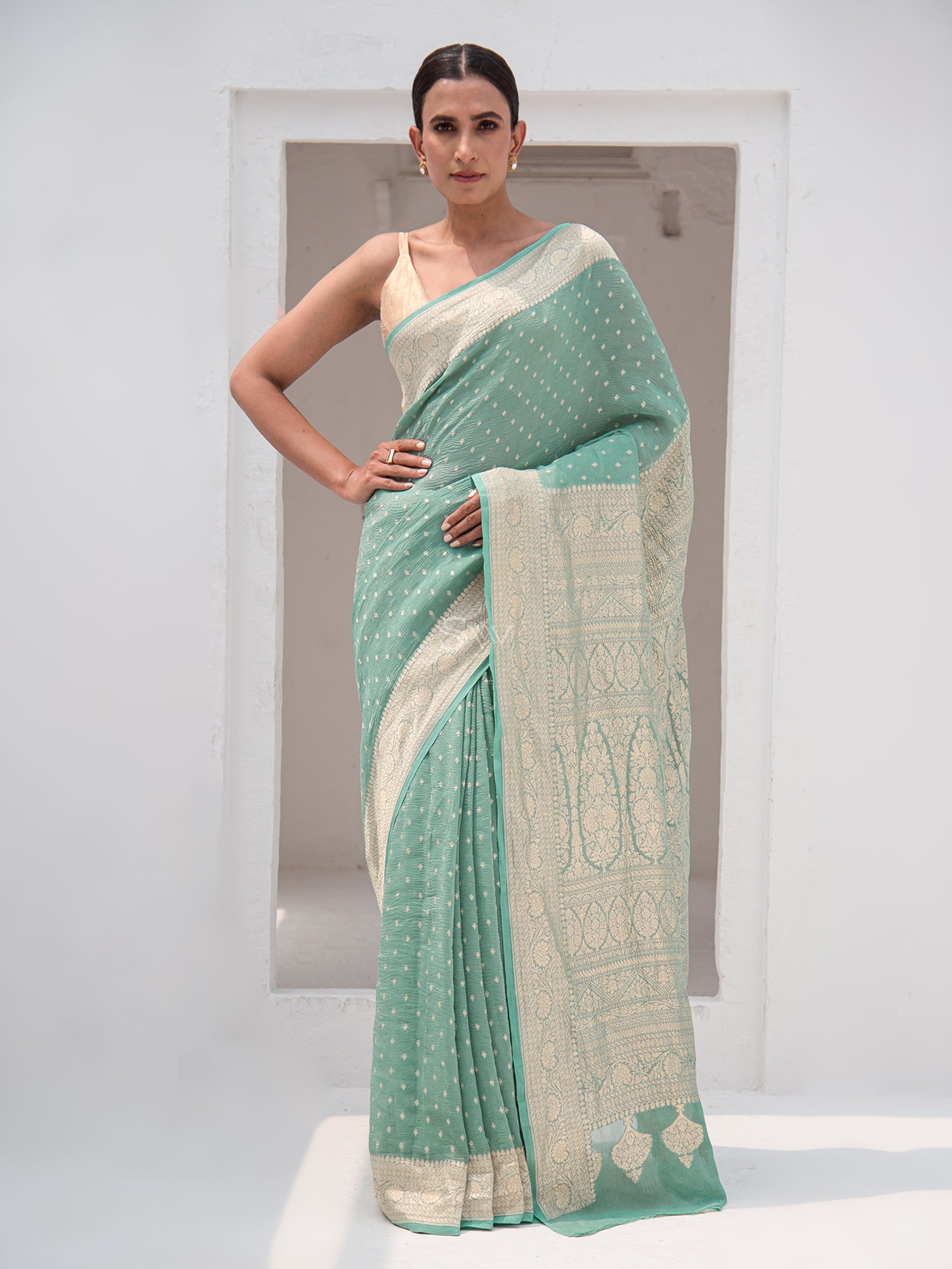 Sea Green Pure Crush Tissue Silk Handloom Banarasi Saree - Sacred Weaves